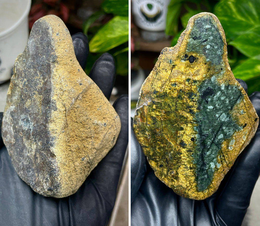 StoneBorn Creations Hand-Polished Vermont Greenstone with Golden Earth Matrix, Speckled Mineral Inclusions & Freeform Curved Finish