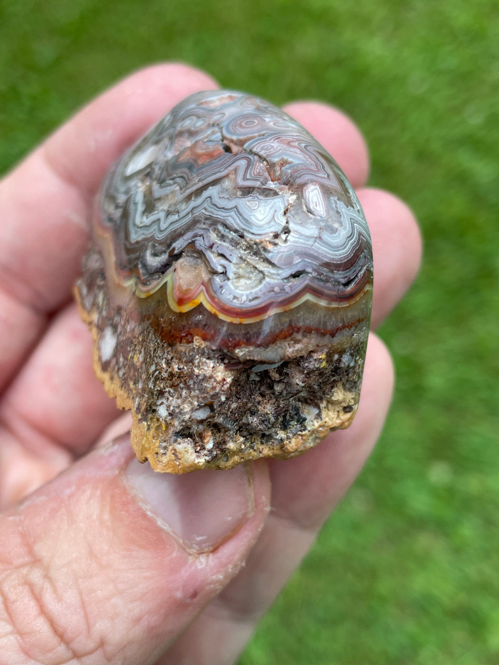 StoneBorn Creations Hand-Polished Custom Shaped Lace Agate Freeform with Natural Druzy Quartz, Orbicular Eyes & Fortification Banding