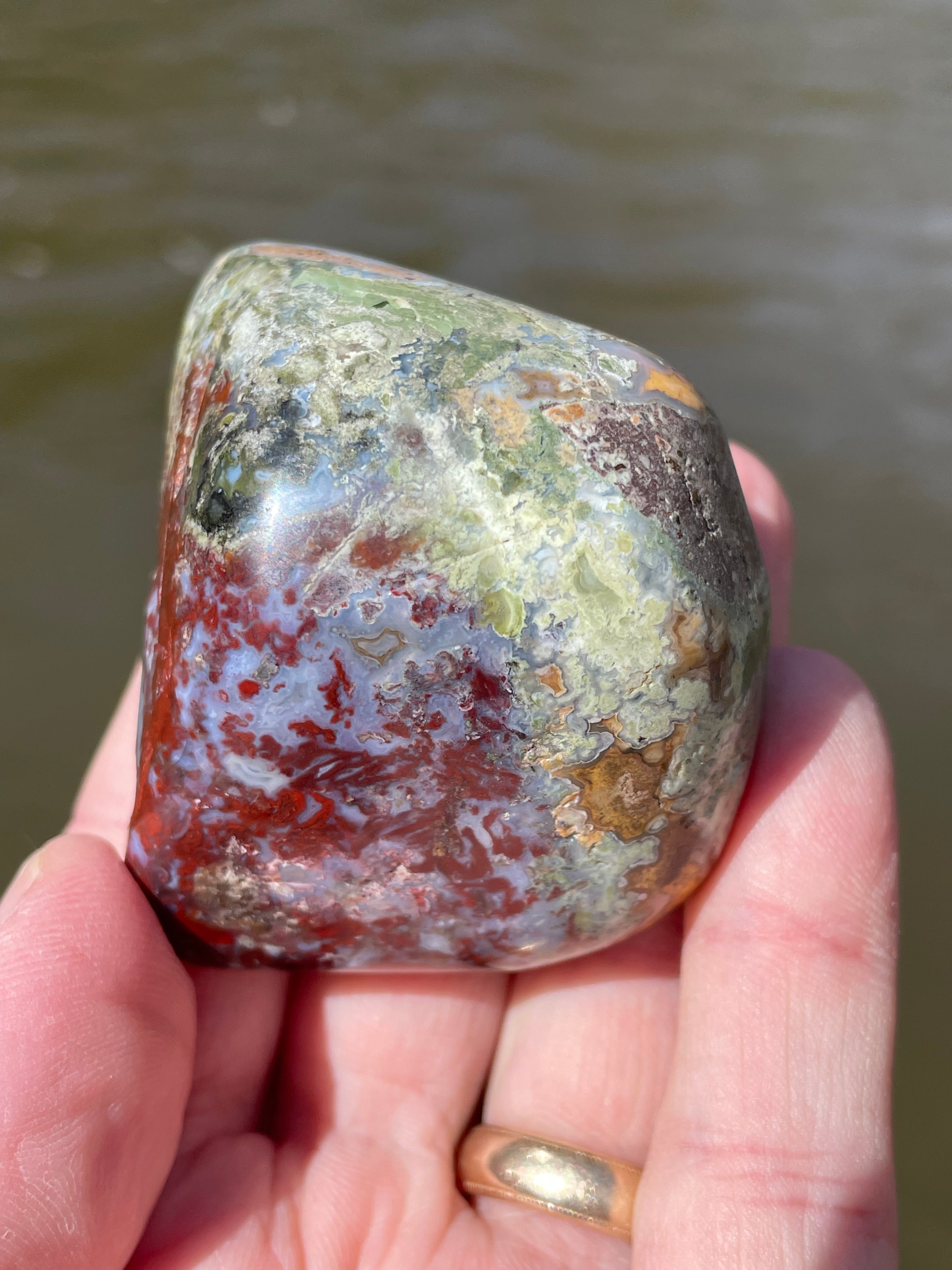 StoneBorn Creations Hand-Polished Lace Agate with Crimson Plumes, Moss Green Inclusions & Natural Freeform Finish