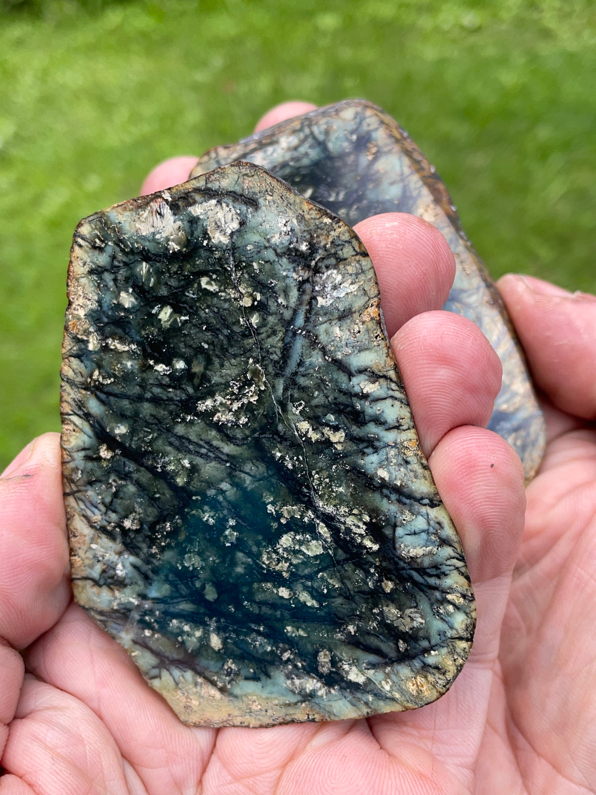 StoneBorn Creations – Hand-Polished Dark Green & Black Dendritic Mystery Stone | Natural Matching Pair