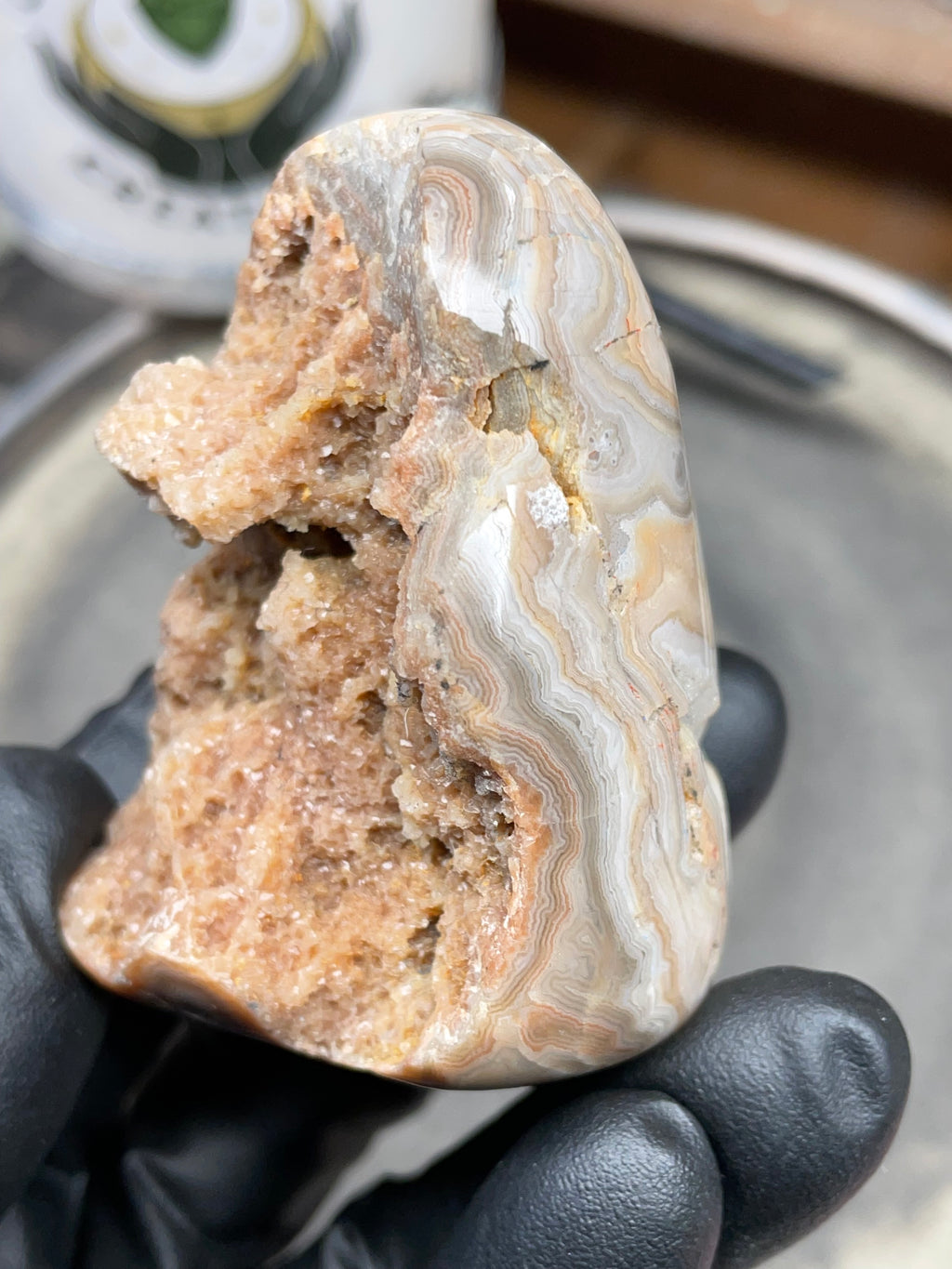 StoneBorn Creations – Hand Polished Georgia Lace Agate with Natural Druzy Crystal Pocket | One-of-a-Kind Display Stone