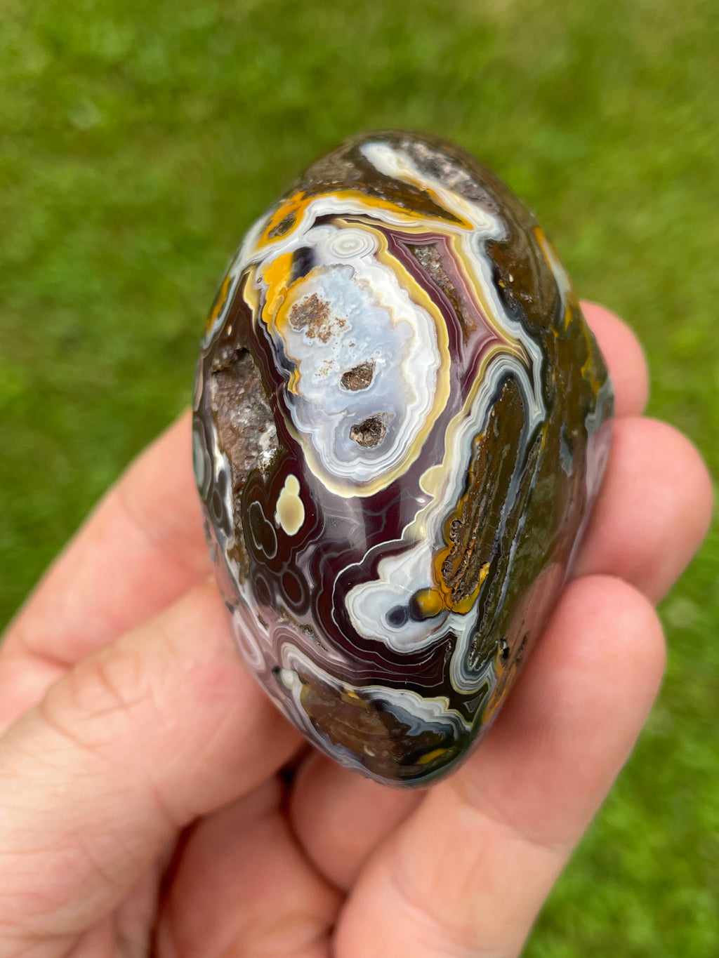 StoneBorn Creations Hand-Polished Lace Agate Freeform with Natural Druzy Quartz Pocket & Orbicular Banding
