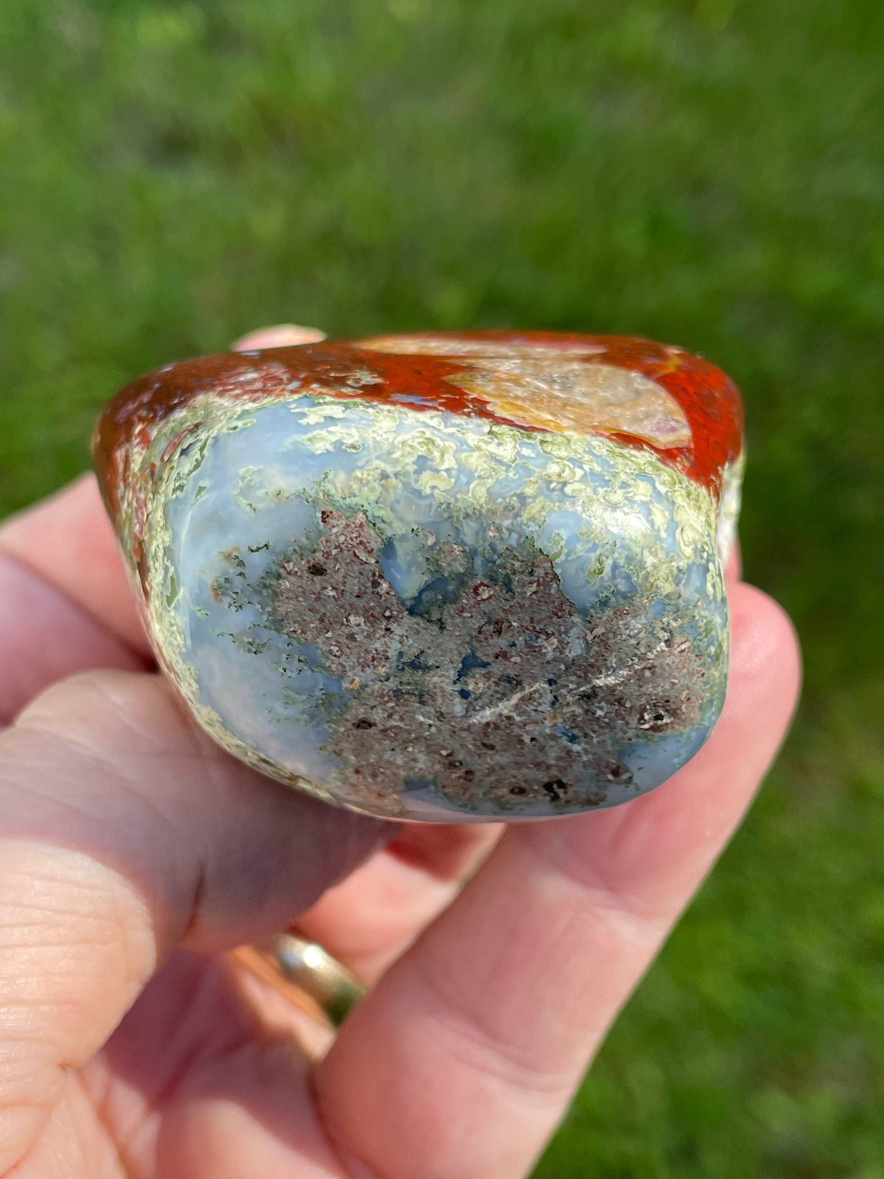 StoneBorn Creations Hand-Polished Agate Freeform with Blue Chalcedony, Deep Red Jasper Inclusions and Green Mossy Matrix