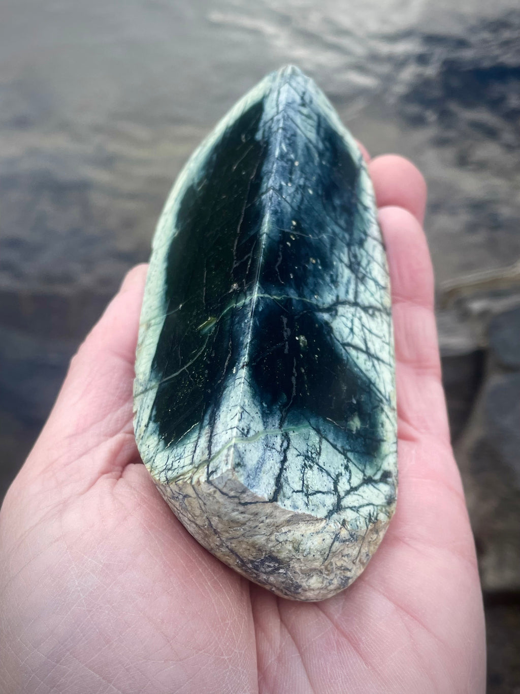 🌲 Polished Vermont Greenstone Slab – Deep Glacier-Blue Veins (Double-Sided Polish)