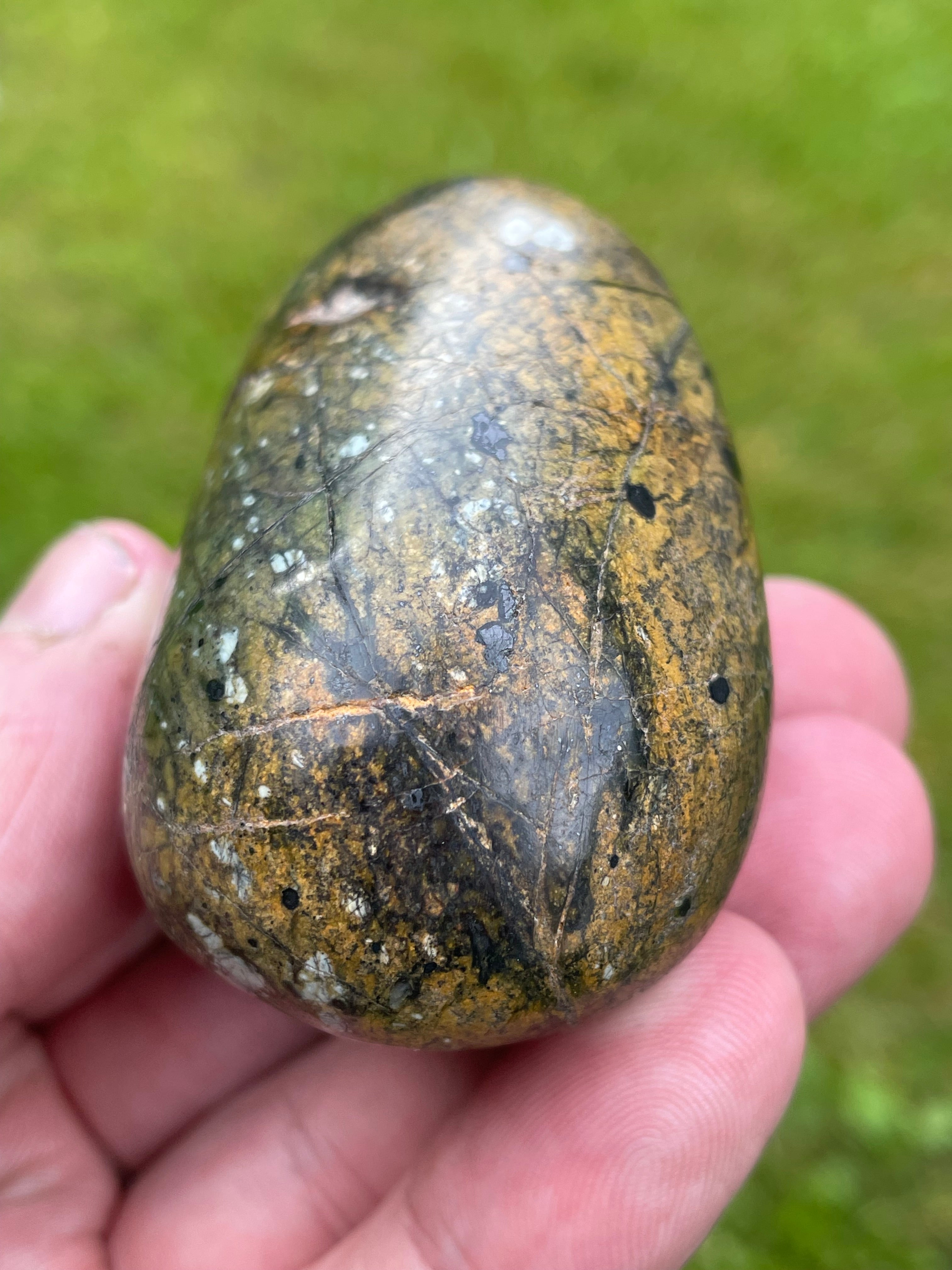 StoneBorn Creations Hand Polished Serpentine Freeform with Natural Olive Matrix, White Mineral Inclusions and Intricate Veining