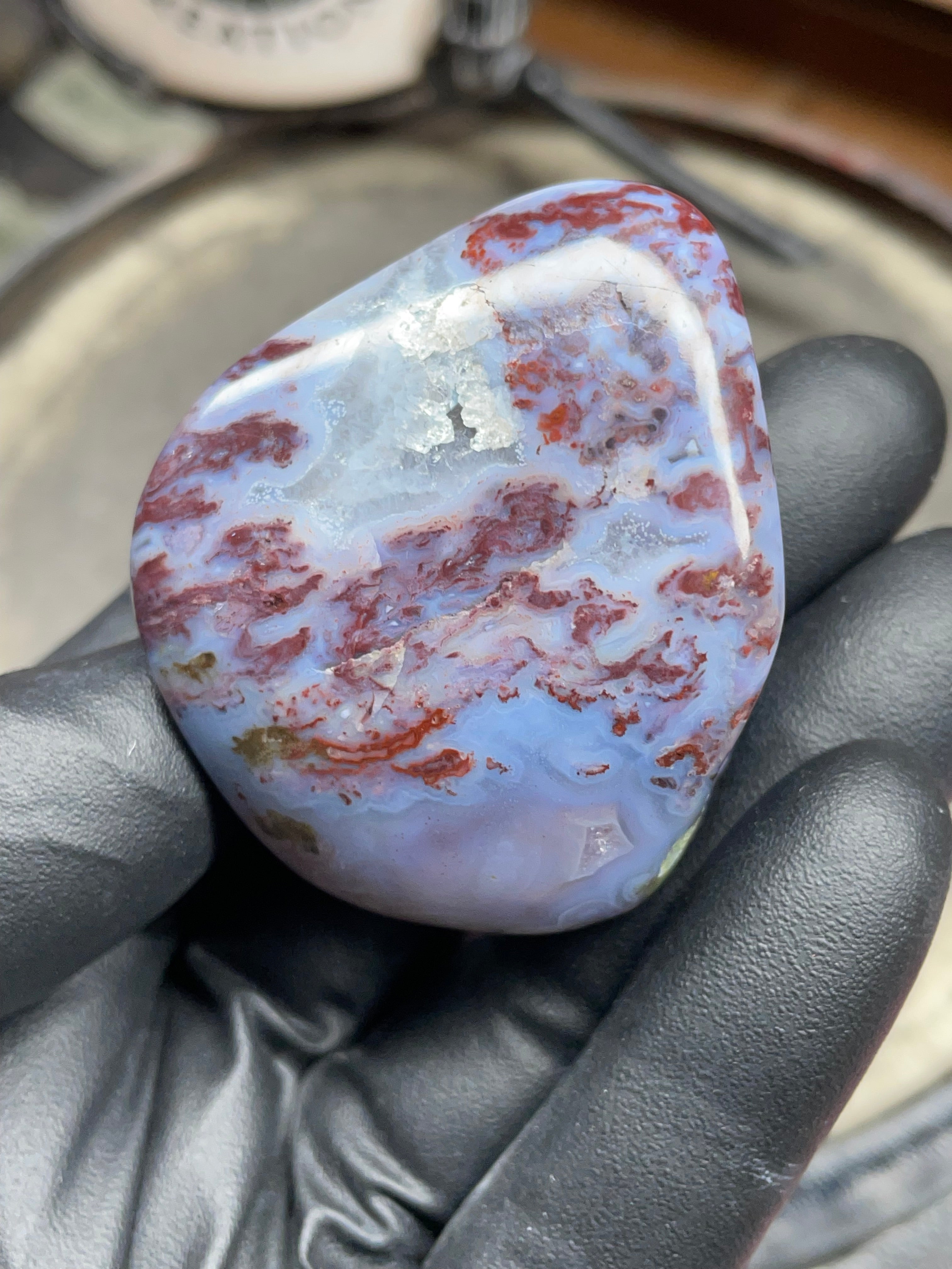 StoneBorn Creations – Hand-Polished Blue Lace Agate with Red Plume Inclusions & Natural Druzy