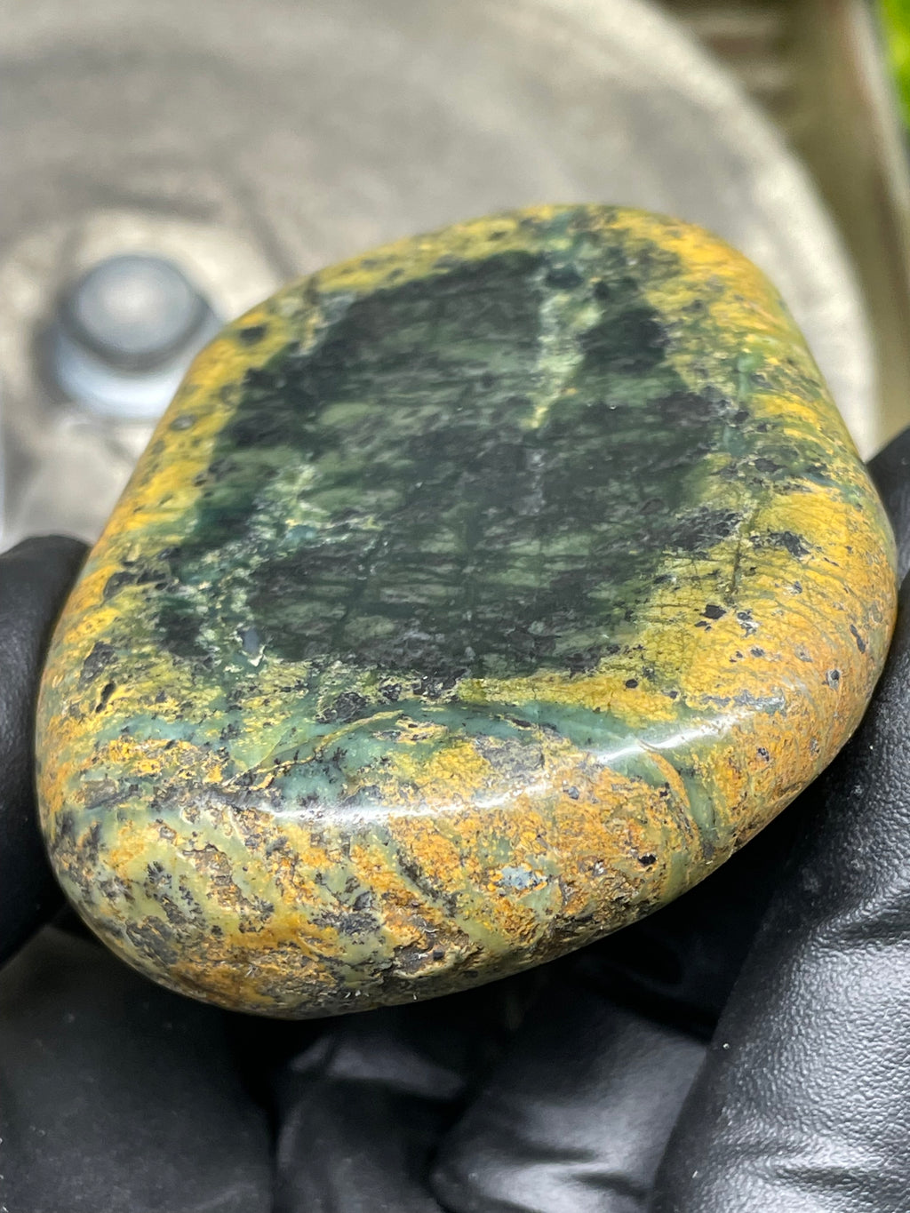 StoneBorn Creations Hand-Polished Vermont River Stone Pair – Rounded Freeform Halves with Natural Raw Backs & Deep Green Interior Patterns