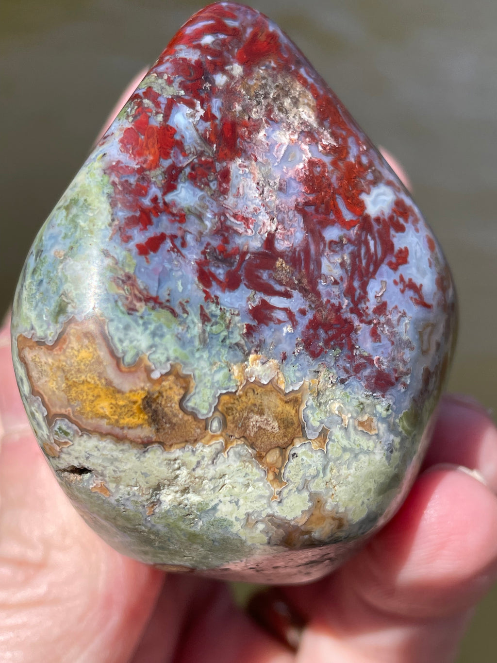 StoneBorn Creations Hand-Polished Lace Agate with Crimson Plumes, Moss Green Inclusions & Natural Freeform Finish
