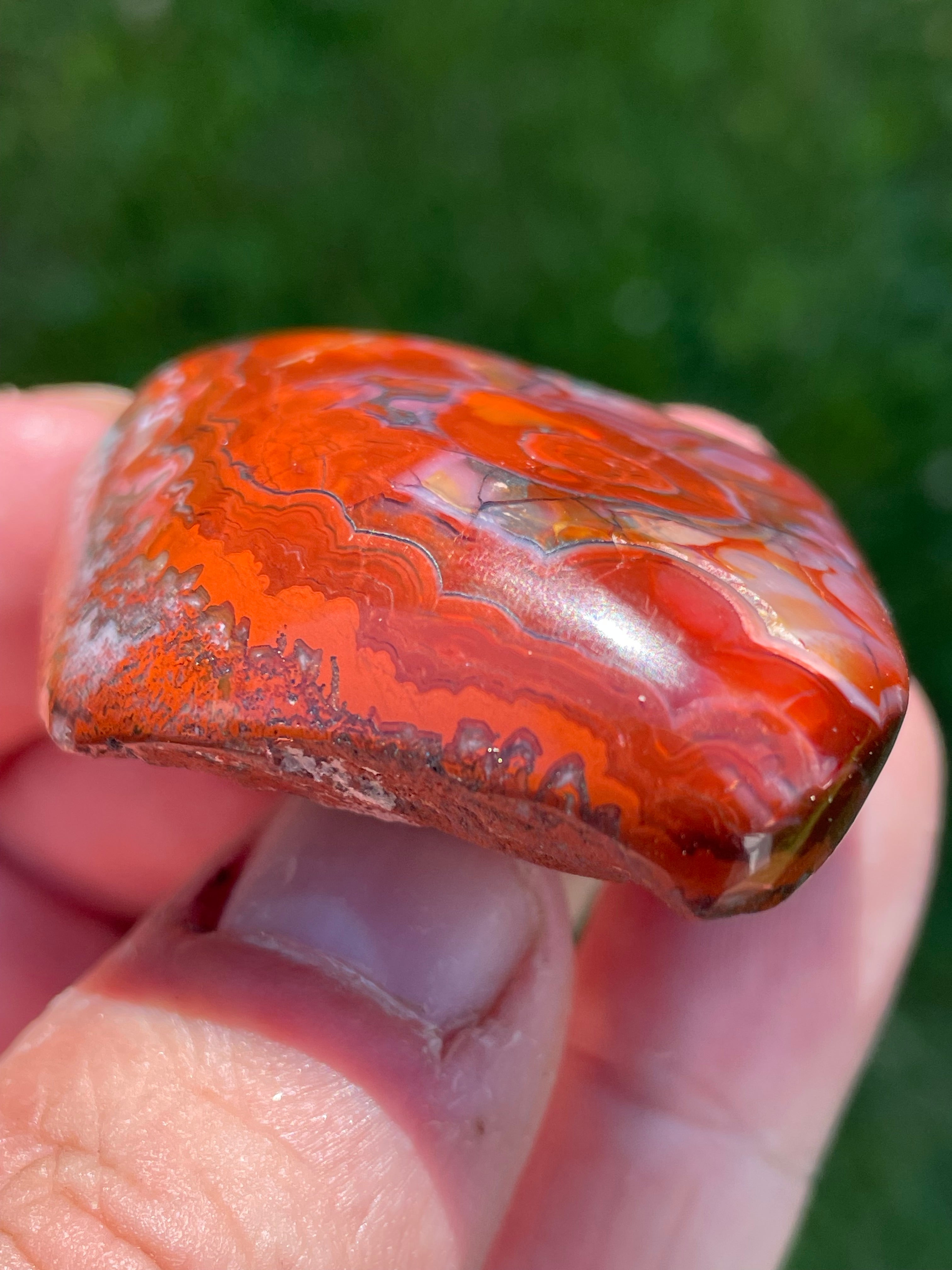 StoneBorn Creations Hand-Polished Lace Agate Freeform with Bold Red Plumes, Fortification Banding & Natural Matrix