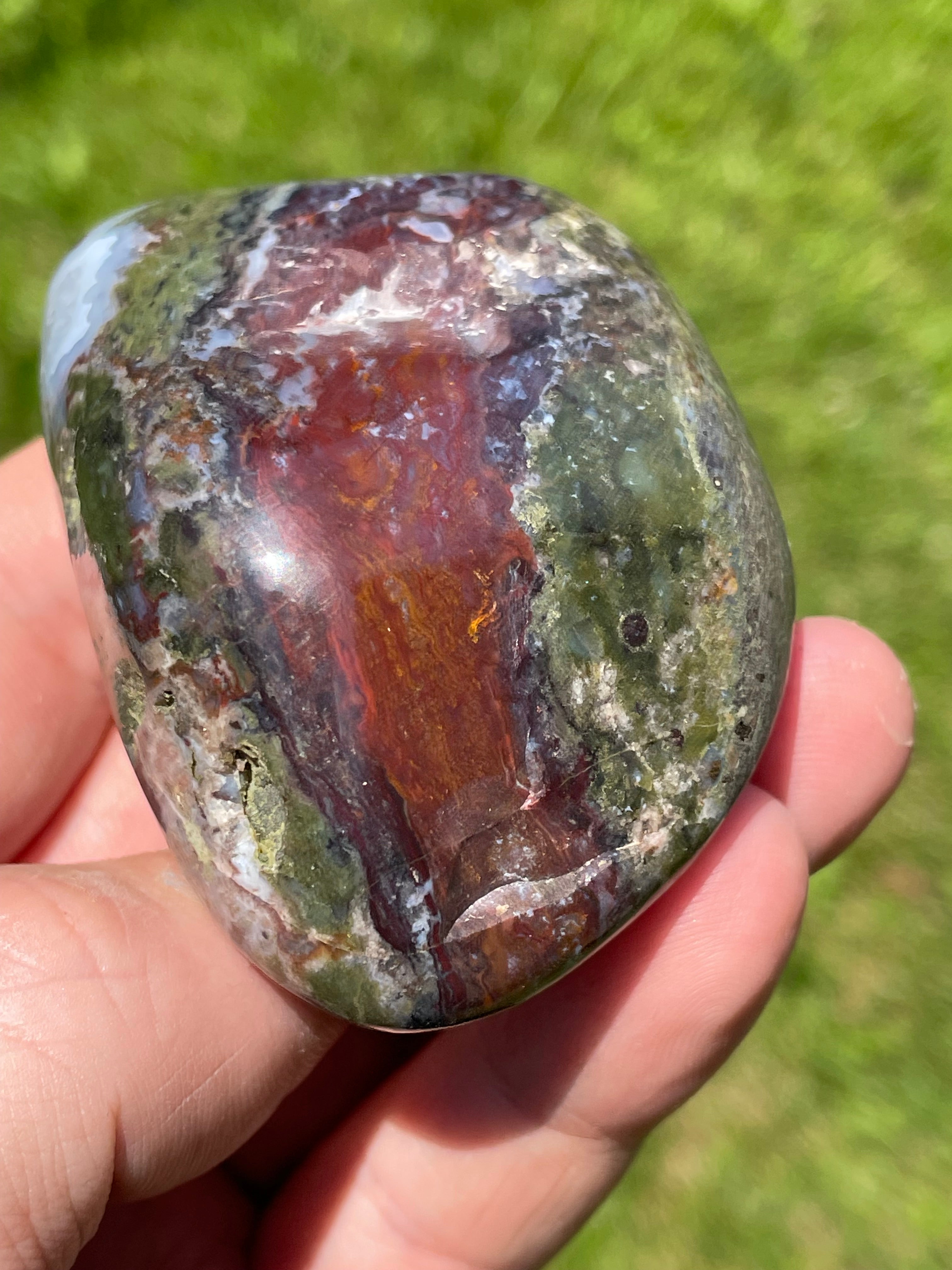 StoneBorn Creations Hand-Polished Green Serpentine & Red Jasper Freeform with Blue Chalcedony Pockets