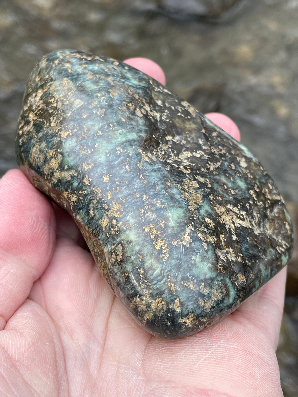 StoneBorn Creations Hand-Polished Vermont Serpentine with Golden Flecking Deep Forest Greens Full 360 Finish