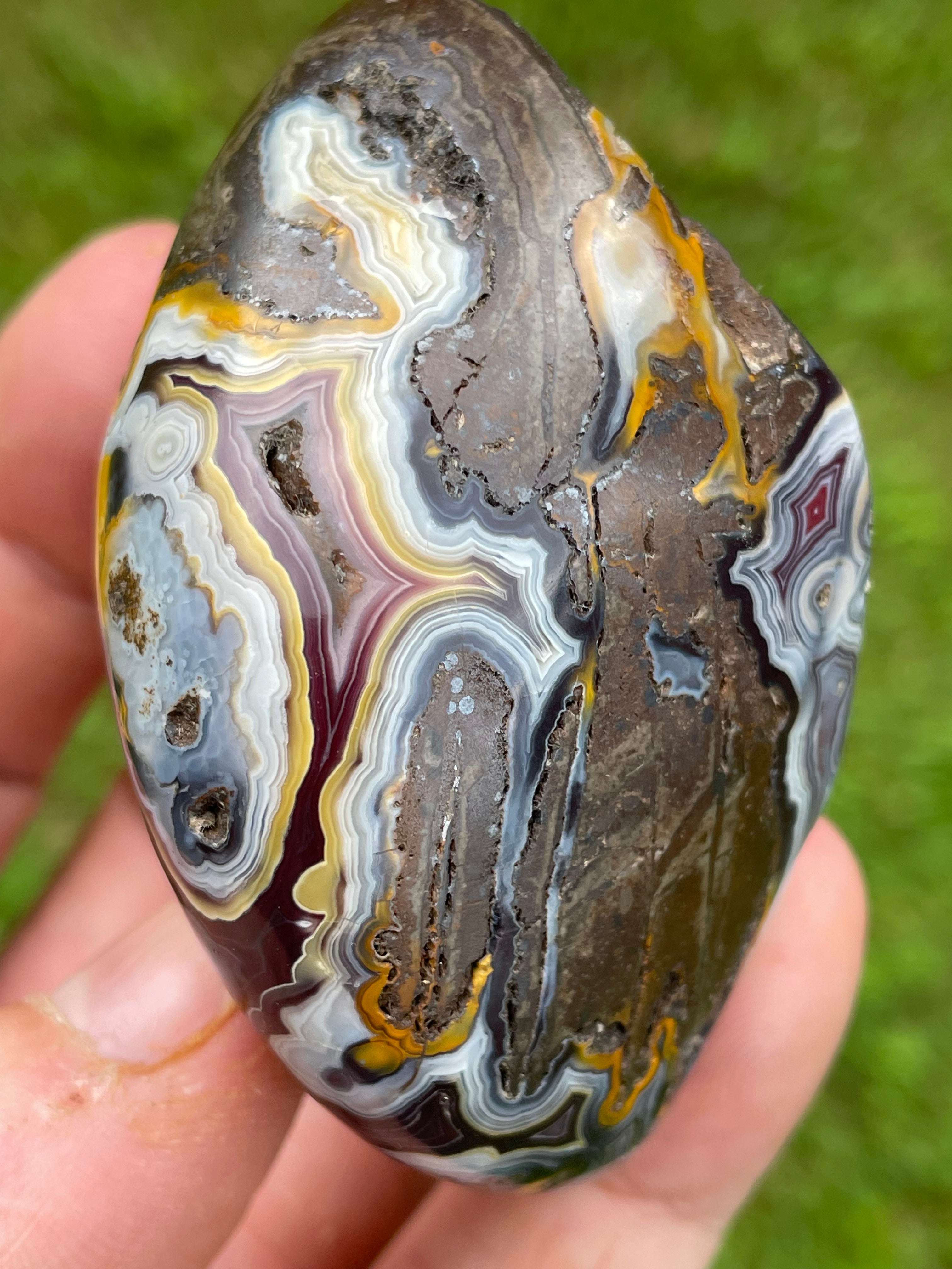 StoneBorn Creations Hand-Polished Lace Agate Freeform with Natural Druzy Quartz Pocket & Orbicular Banding