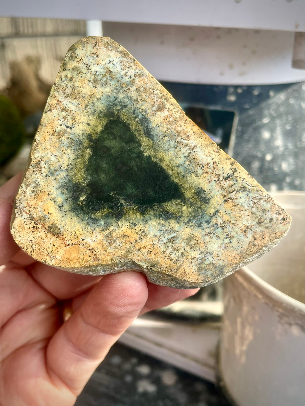 Polished Serpentine Stone • Natural Deep-Green Triangle Core