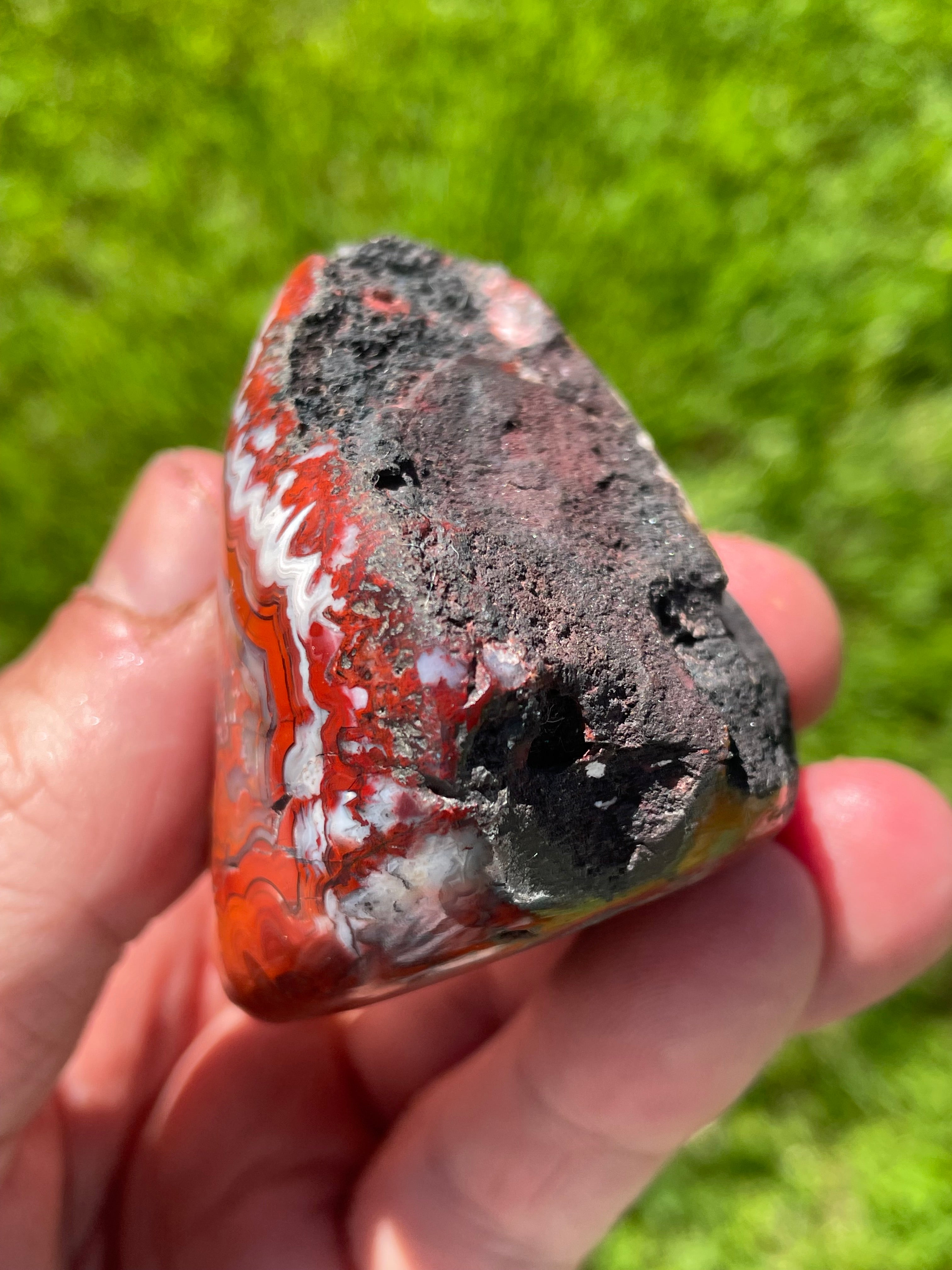 StoneBorn Creations Hand-Polished Lace Agate Freeform with Crimson Fortification Banding, Natural Druzy Pocket, and Preserved Volcanic Matrix