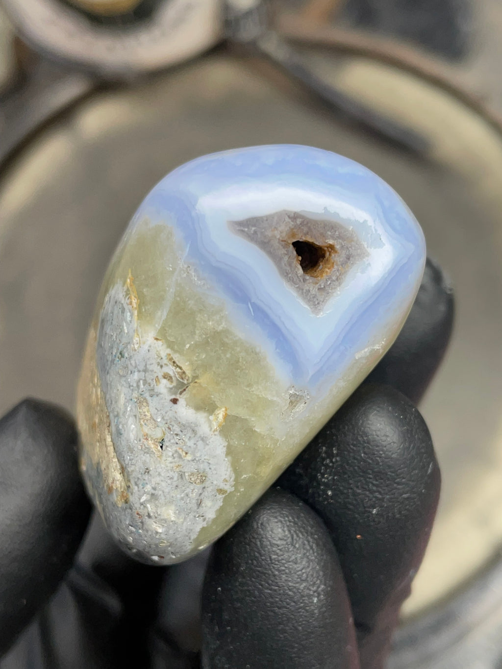 StoneBorn Creations Hand Polished Blue Chalcedony Agate with Natural Druzy Pocket
