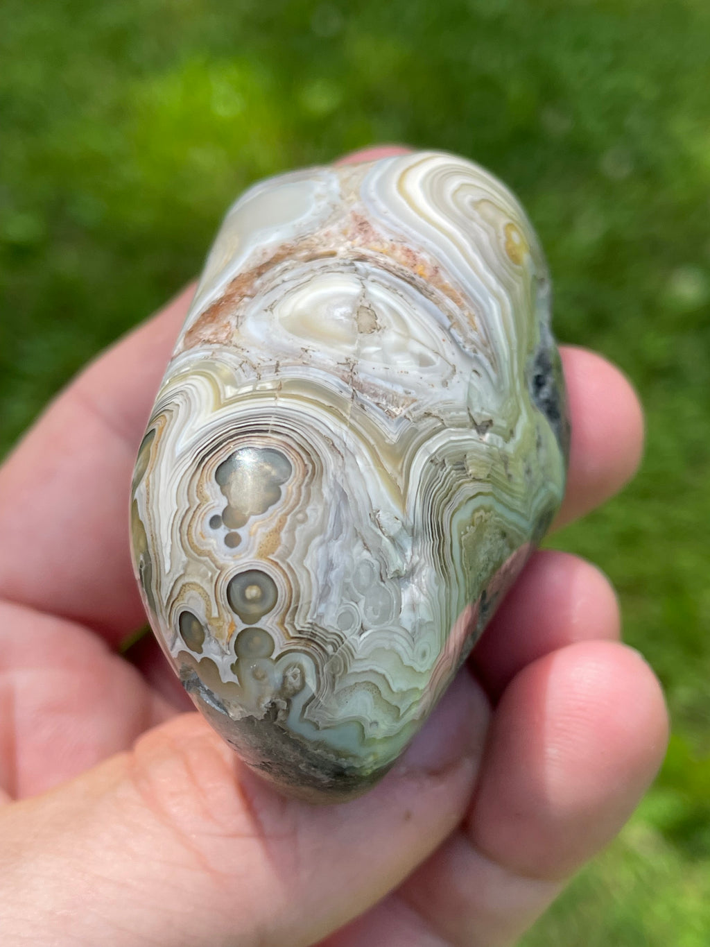 StoneBorn Creations Hand-Polished Lace Agate Freeform with Intricate Fortification Banding, Orbicular Eyes & Preserved Natural Matrix