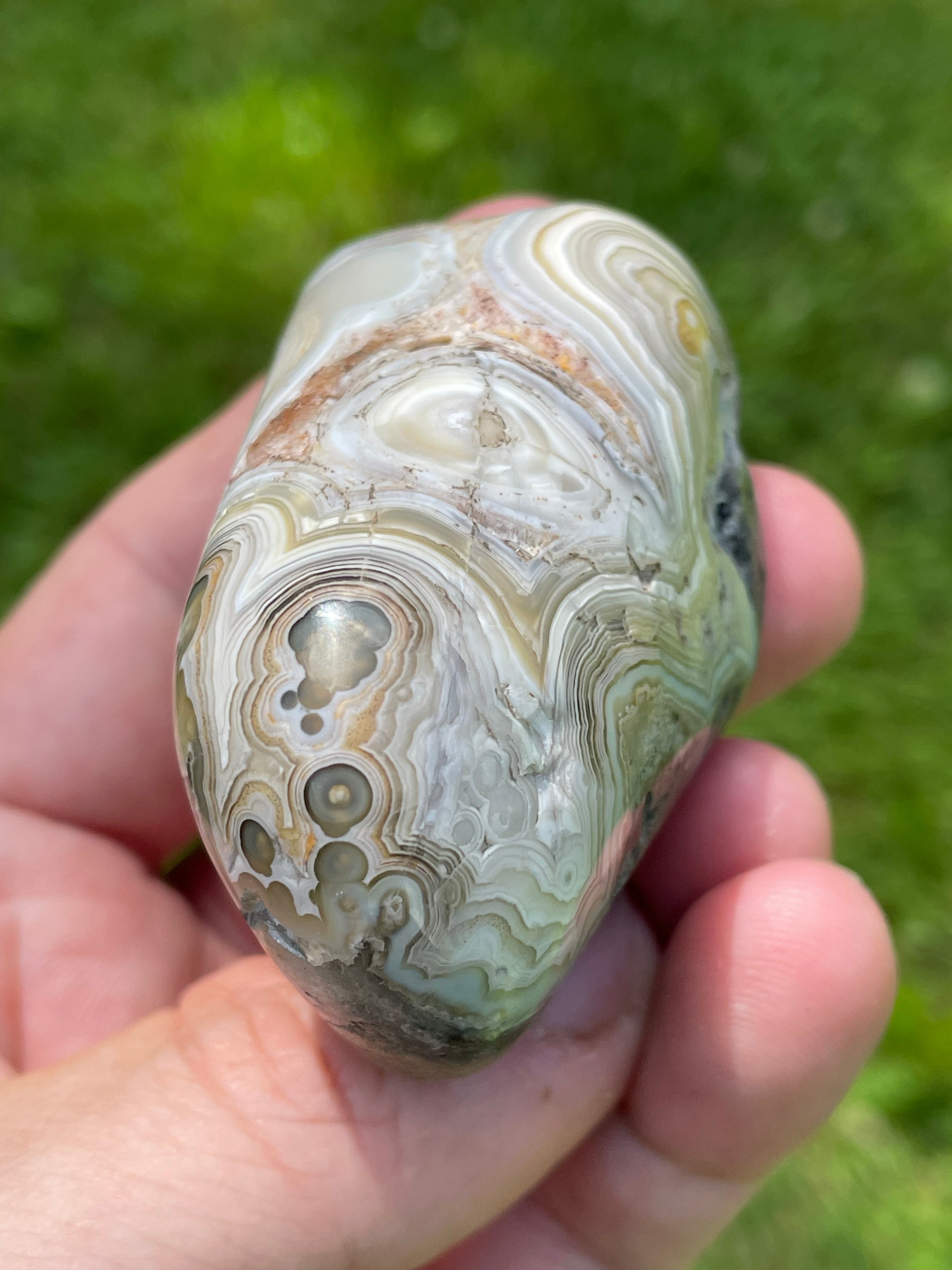 StoneBorn Creations Hand-Polished Lace Agate Freeform with Intricate Fortification Banding, Orbicular Eyes & Preserved Natural Matrix