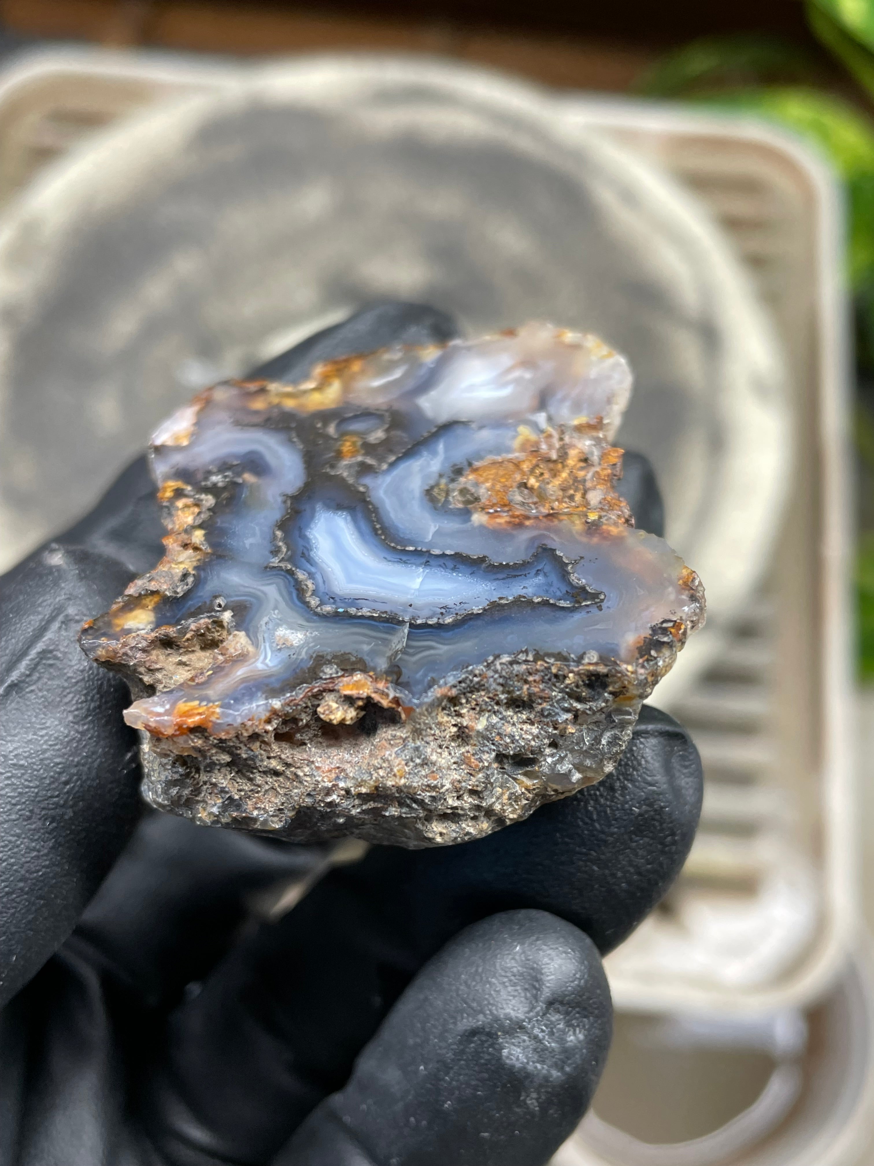 StoneBorn Creations Hand-Polished Banded Agate Pair – Cut Matching Halves with Steel-Blue Fortification Bands