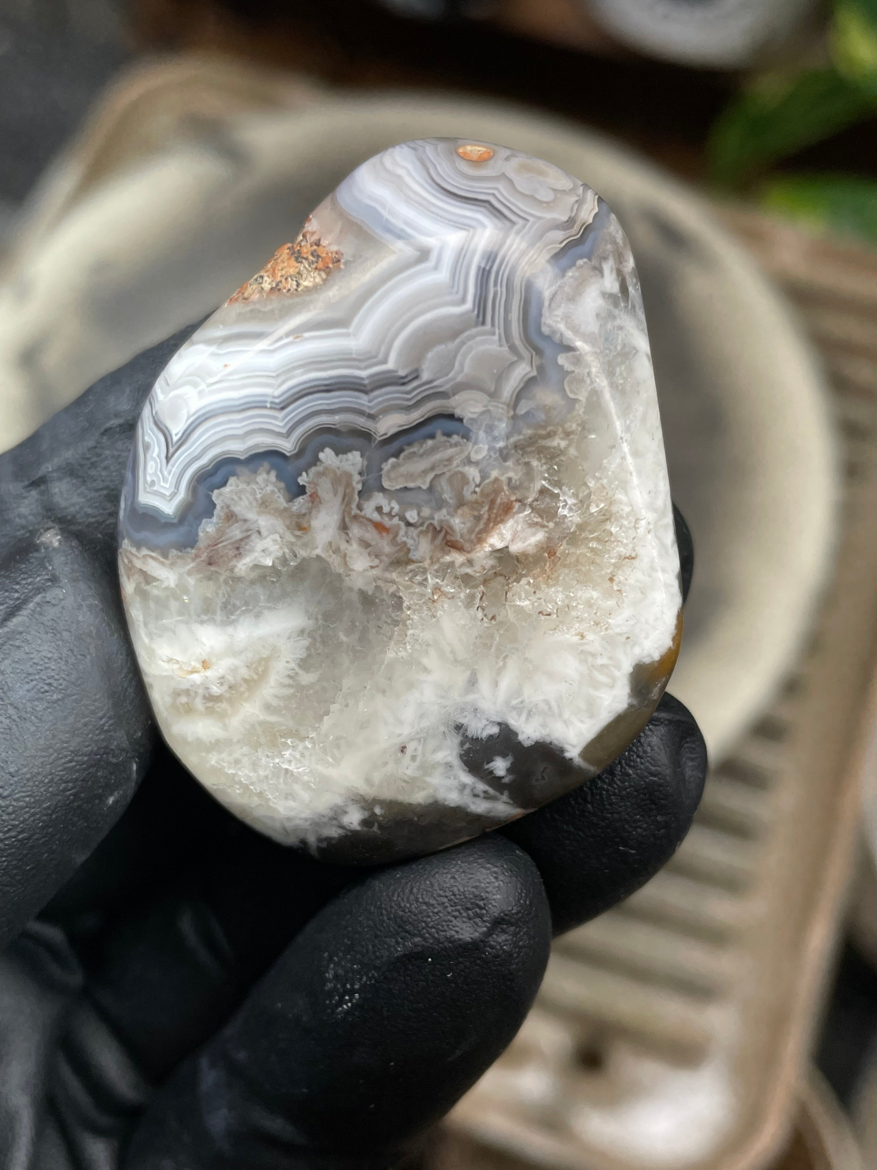 StoneBorn Creations Hand-Polished Banded Agate Freeform Display Stone | Natural Fortification Lines & Raw Crystal Texture
