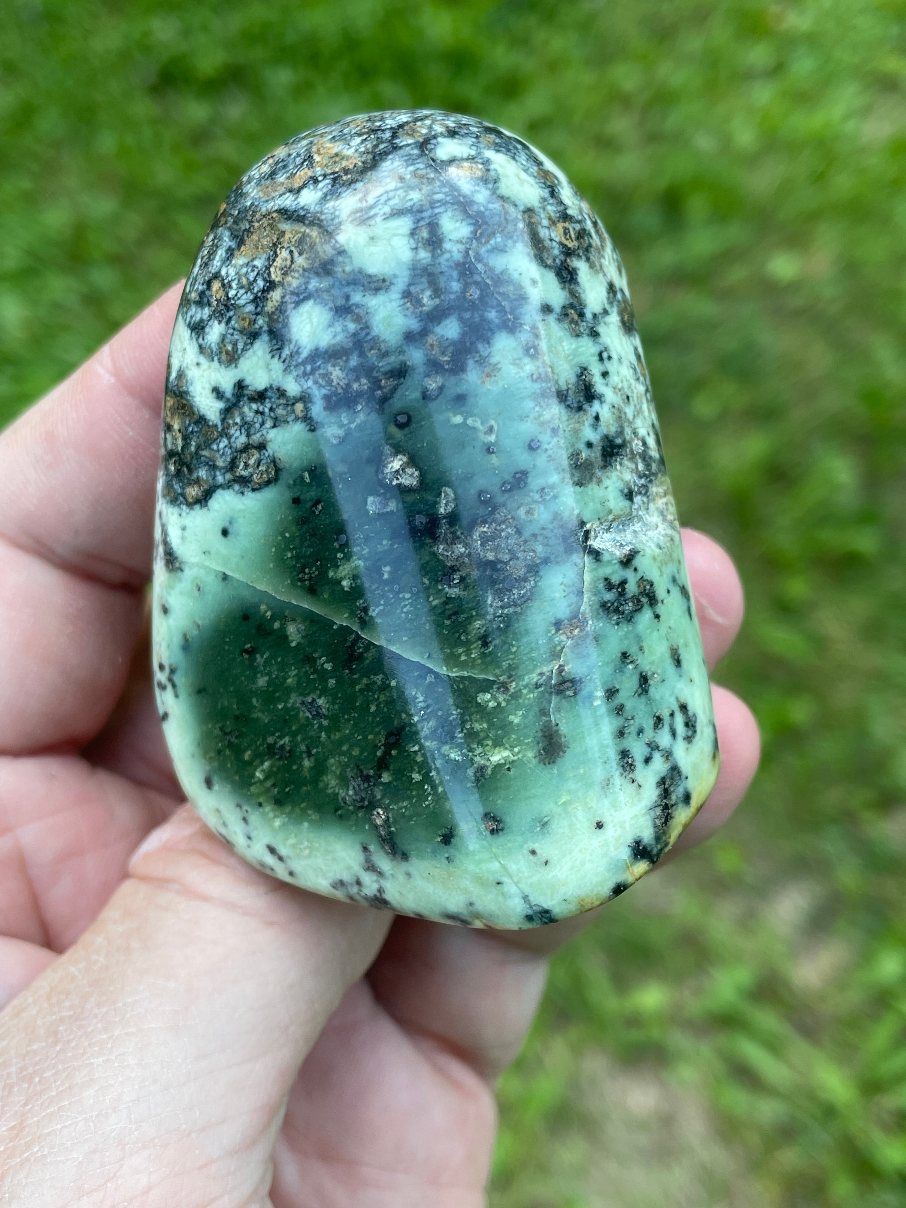 StoneBorn Creations Hand-Polished Green Serpentine Freeform with Deep Forest Green Pocket, Golden Matrix, and Natural Black Mineral Inclusions