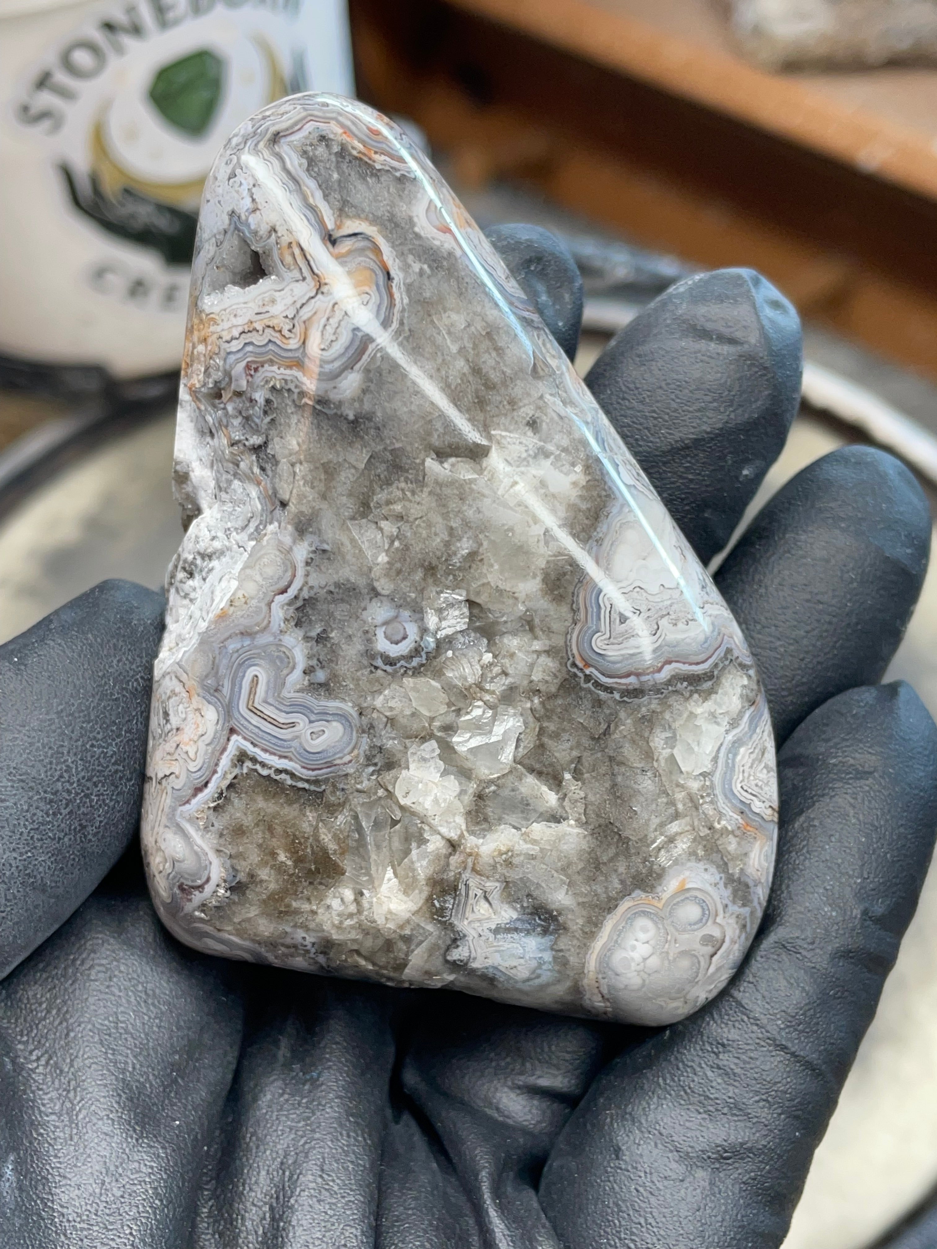 StoneBorn Creations | Hand-Polished Lace Agate with Natural Quartz Crystal Pockets