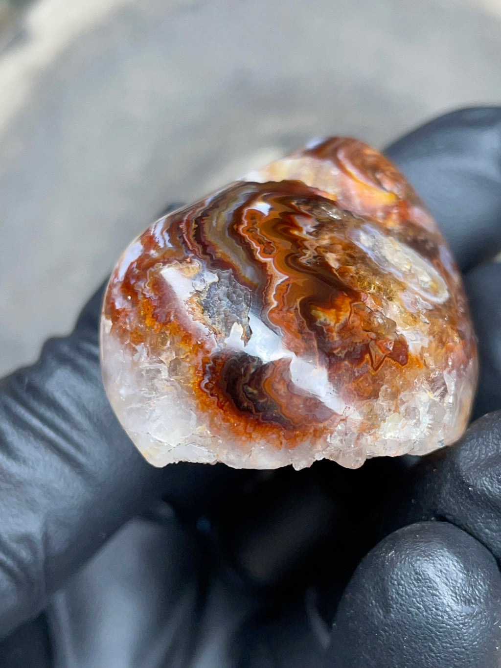 StoneBorn Creations Hand-Polished Fire Agate with Raw Crystal Top – Banded Natural Agate Display Stone