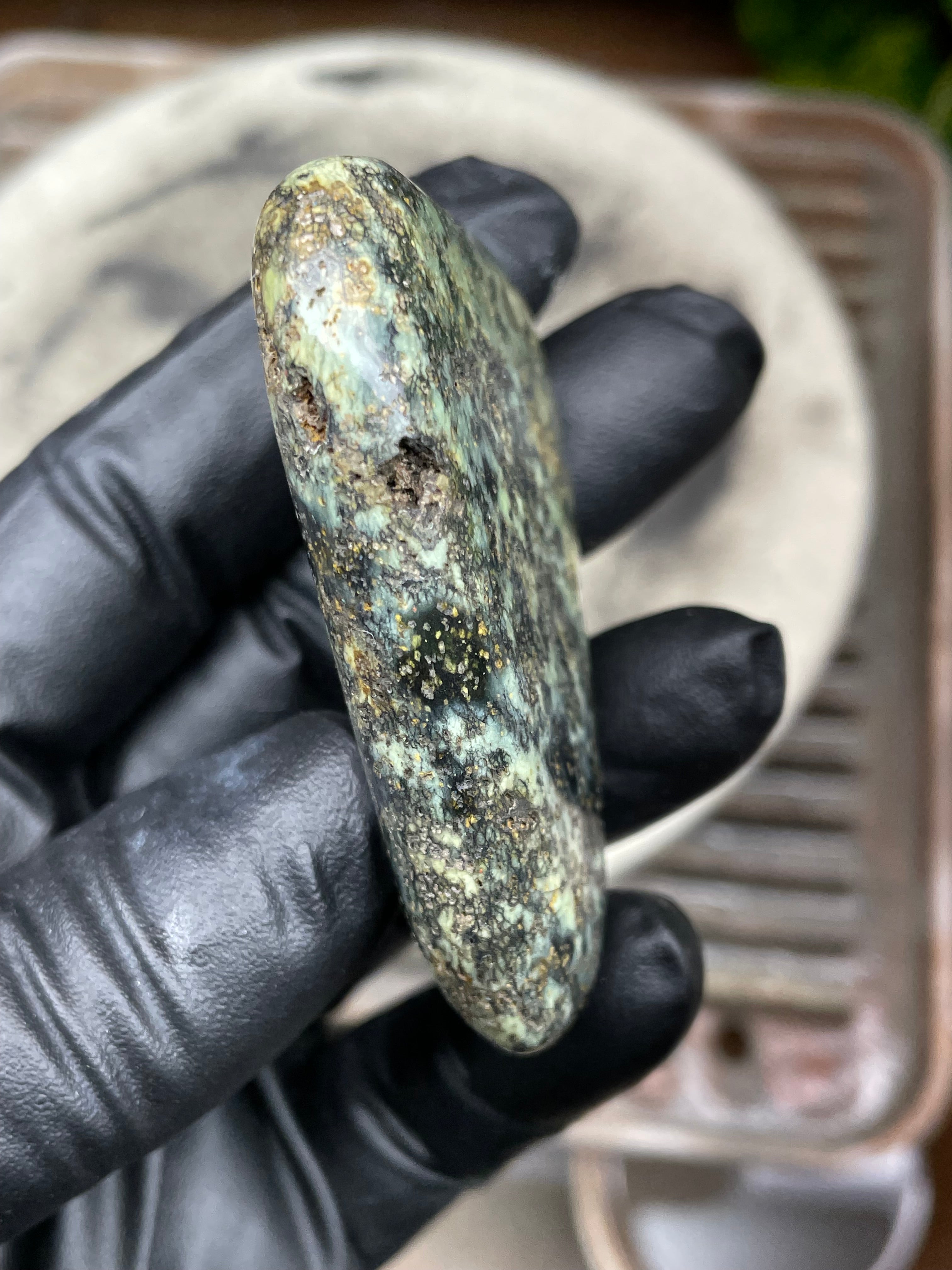 Hand-Polished Vermont Serpentine with Golden Flecking, Deep Green Tones, and Natural Matrix Freeform Finish