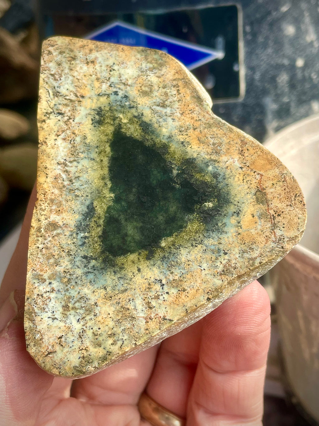 Polished Serpentine Stone • Natural Deep-Green Triangle Core