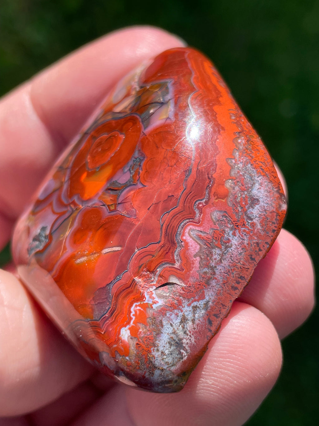 StoneBorn Creations Hand-Polished Lace Agate Freeform with Bold Red Plumes, Fortification Banding & Natural Matrix