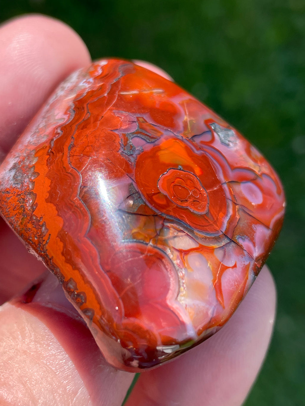 StoneBorn Creations Hand-Polished Lace Agate Freeform with Bold Red Plumes, Fortification Banding & Natural Matrix