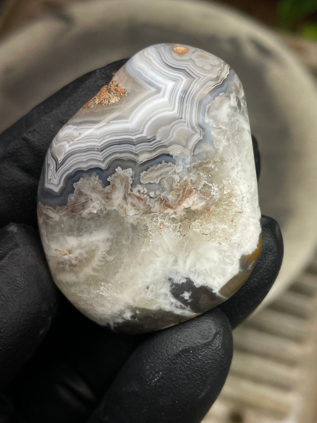 StoneBorn Creations Hand-Polished Banded Agate Freeform Display Stone | Natural Fortification Lines & Raw Crystal Texture
