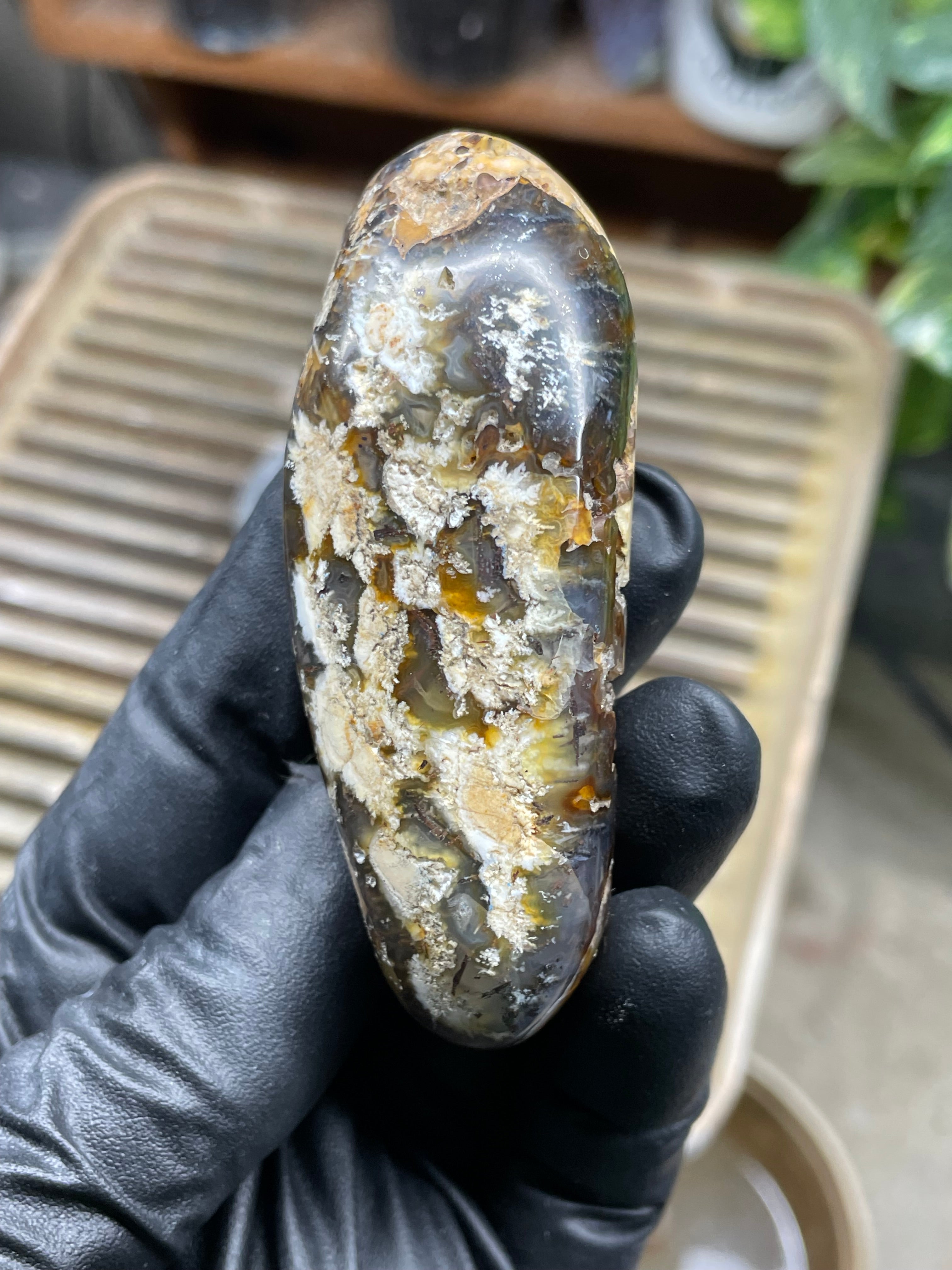 StoneBorn Creations Hand-Polished Trent Agate Freeform with Creamy Plume Inclusions, Druzy Cavities & Earth-Toned Chalcedony