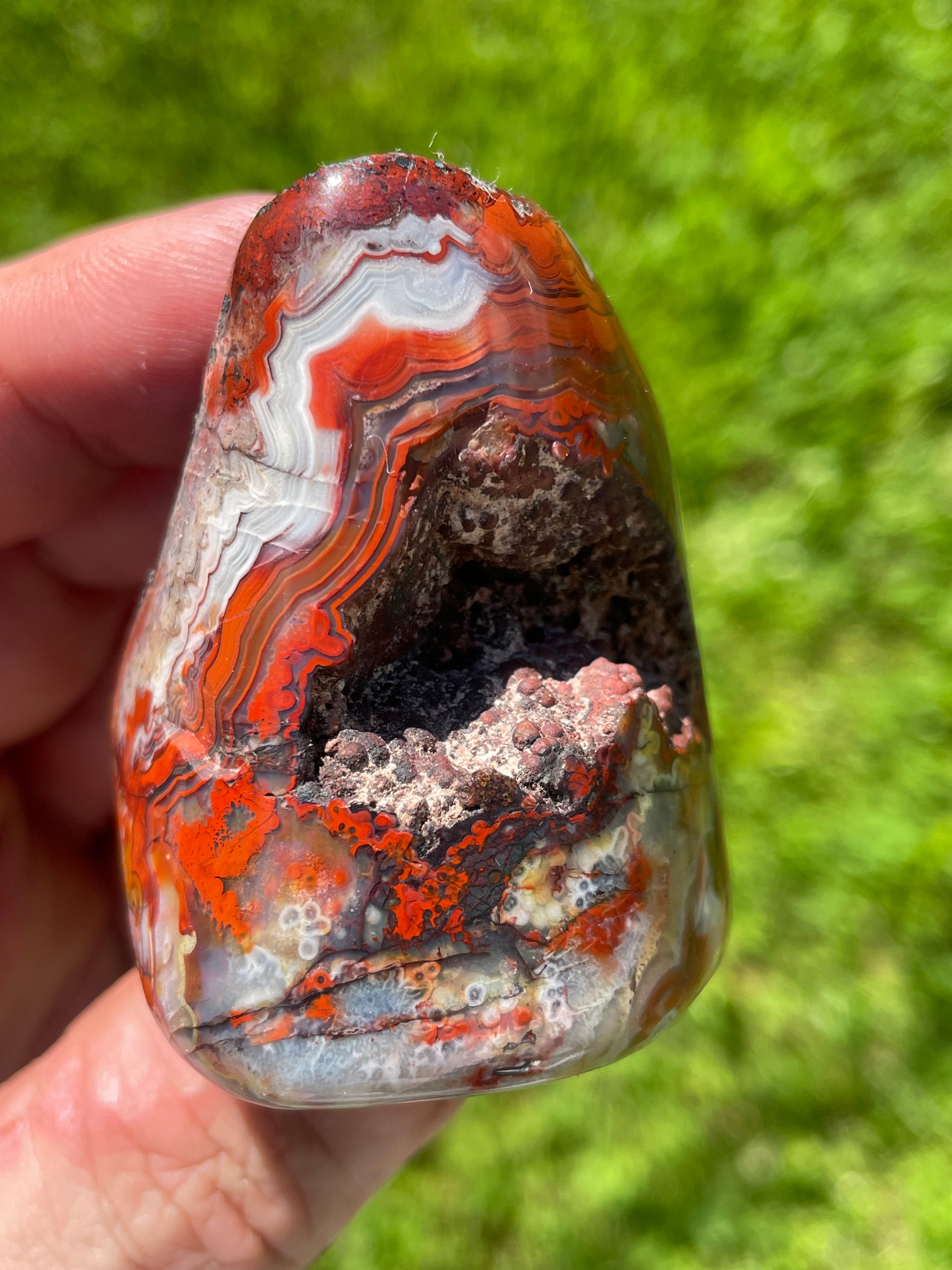 StoneBorn Creations Hand-Polished Lace Agate Freeform with Crimson Fortification Banding, Natural Druzy Pocket, and Preserved Volcanic Matrix