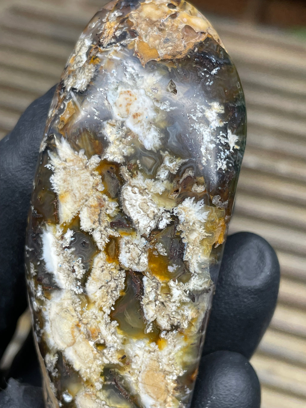 StoneBorn Creations Hand-Polished Trent Agate Freeform with Creamy Plume Inclusions, Druzy Cavities & Earth-Toned Chalcedony