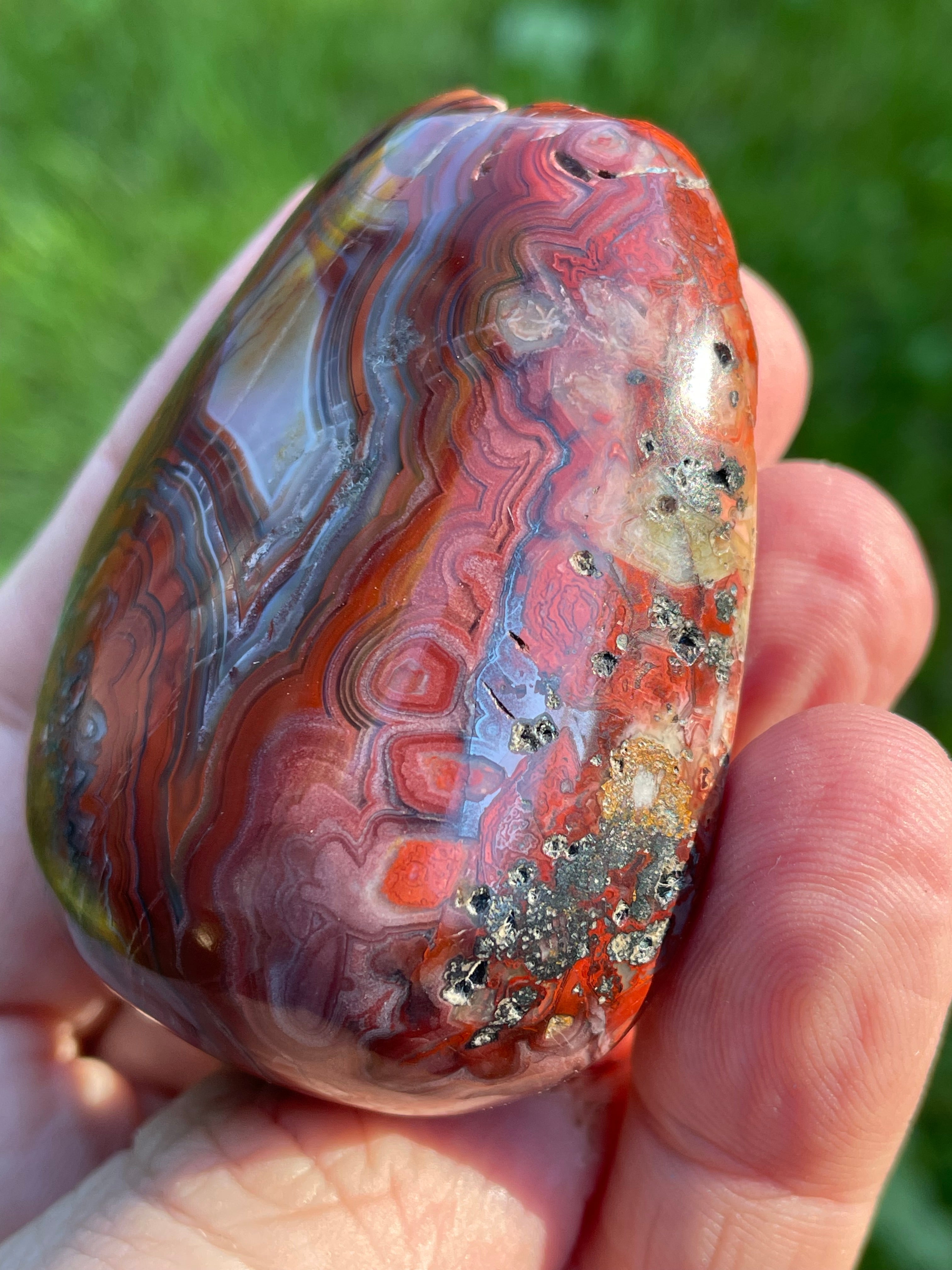 StoneBorn Creations Hand-Polished Lace Agate Freeform with Curved Polished Face, Fortification Banding, and Natural Raw Backing