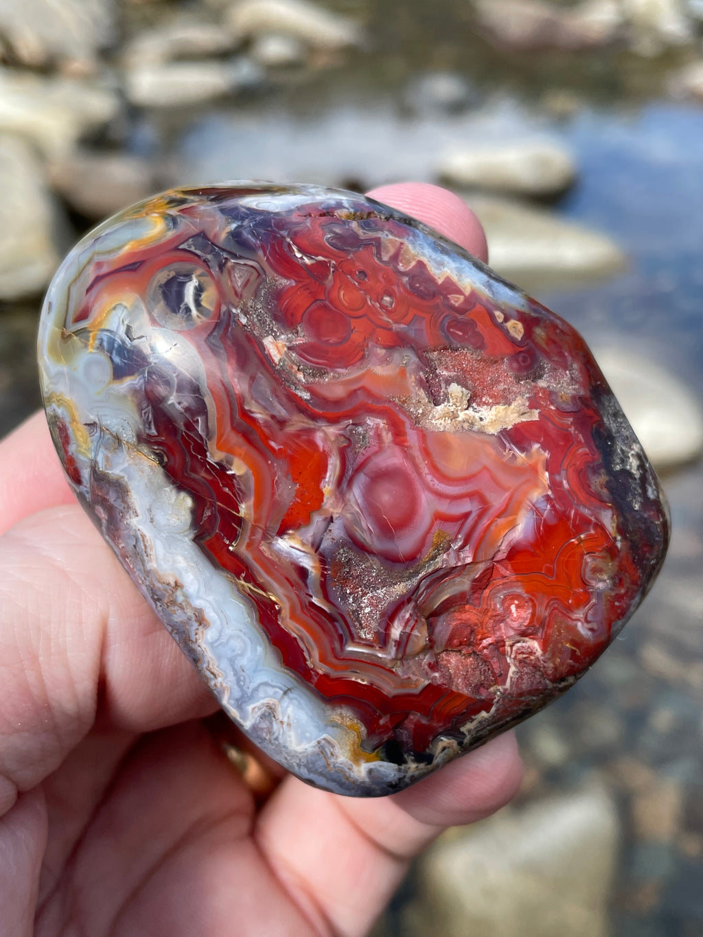 StoneBorn Creations Hand Polished Lace Agate Freeform with Fiery Crimson Banding and Natural Raw Backing