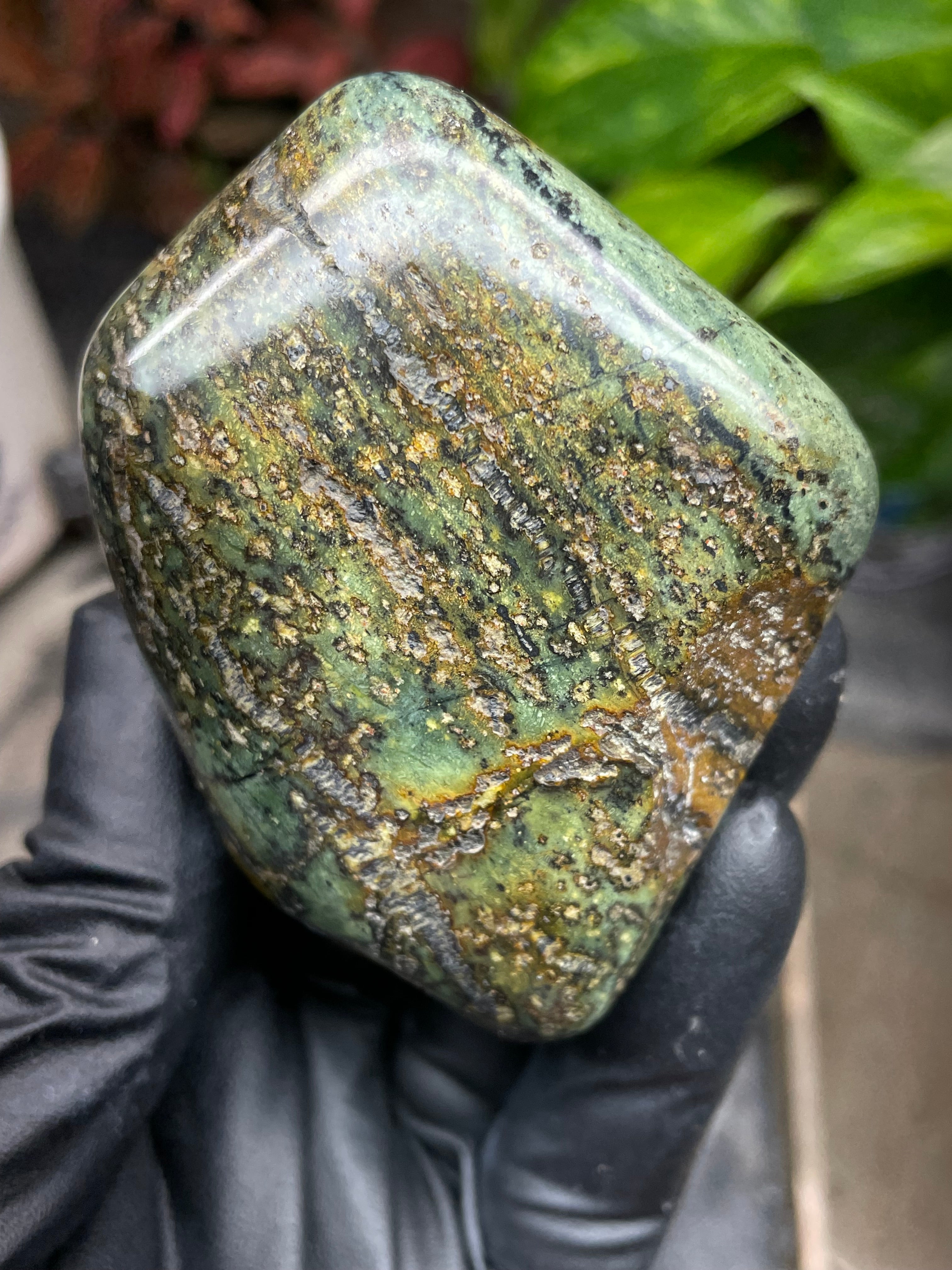 StoneBorn Creations Hand-Polished Vermont Serpentine with Dark Veining, Golden Earth Tones, and Freeform Finish