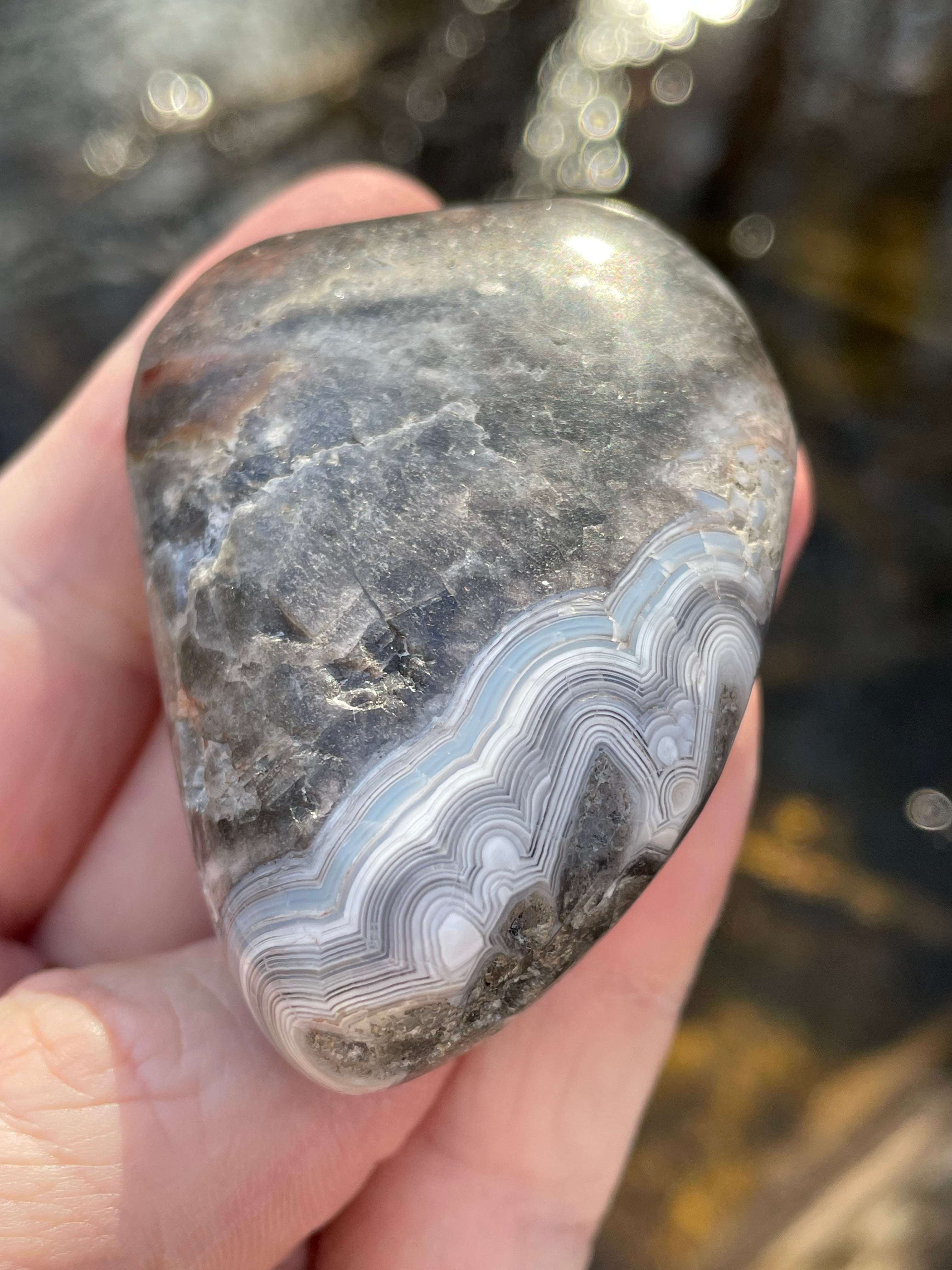 StoneBorn Creations Hand-Polished Banded Agate with Soft Grey Lace Layers Natural Quartz Matrix Freeform Finish