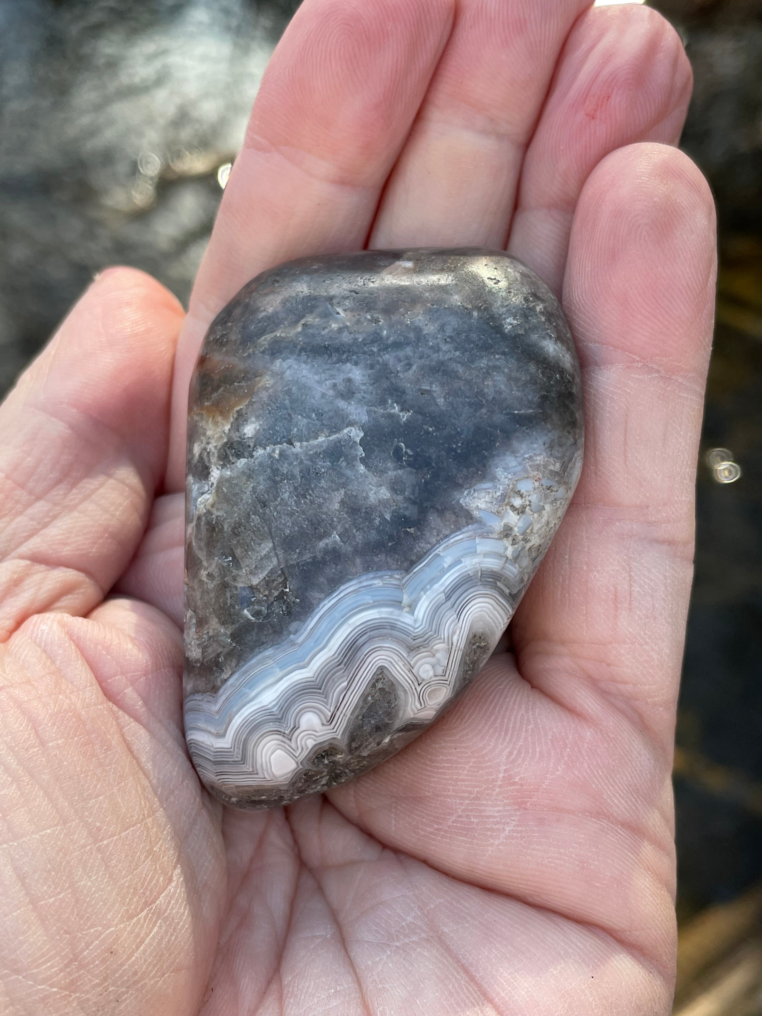StoneBorn Creations Hand-Polished Banded Agate with Soft Grey Lace Layers Natural Quartz Matrix Freeform Finish