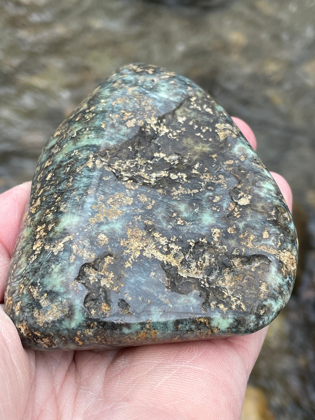 StoneBorn Creations Hand-Polished Vermont Serpentine with Golden Flecking Deep Forest Greens Full 360 Finish