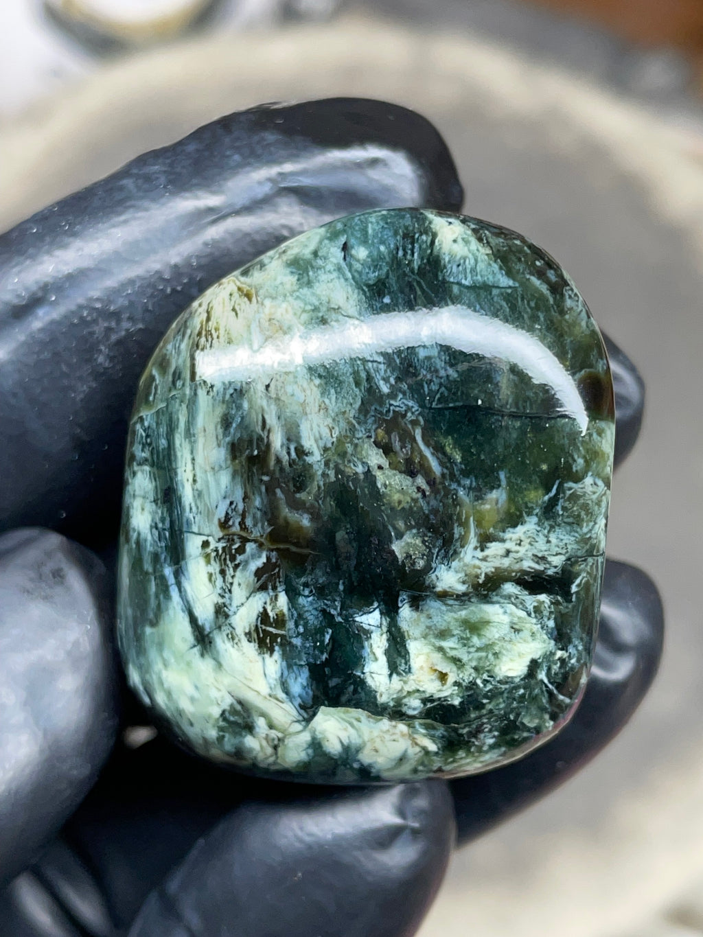 StoneBorn Creations Hand-Polished Vermont Serpentine – Deep Green Natural Patterns – One-of-a-Kind Display Stone