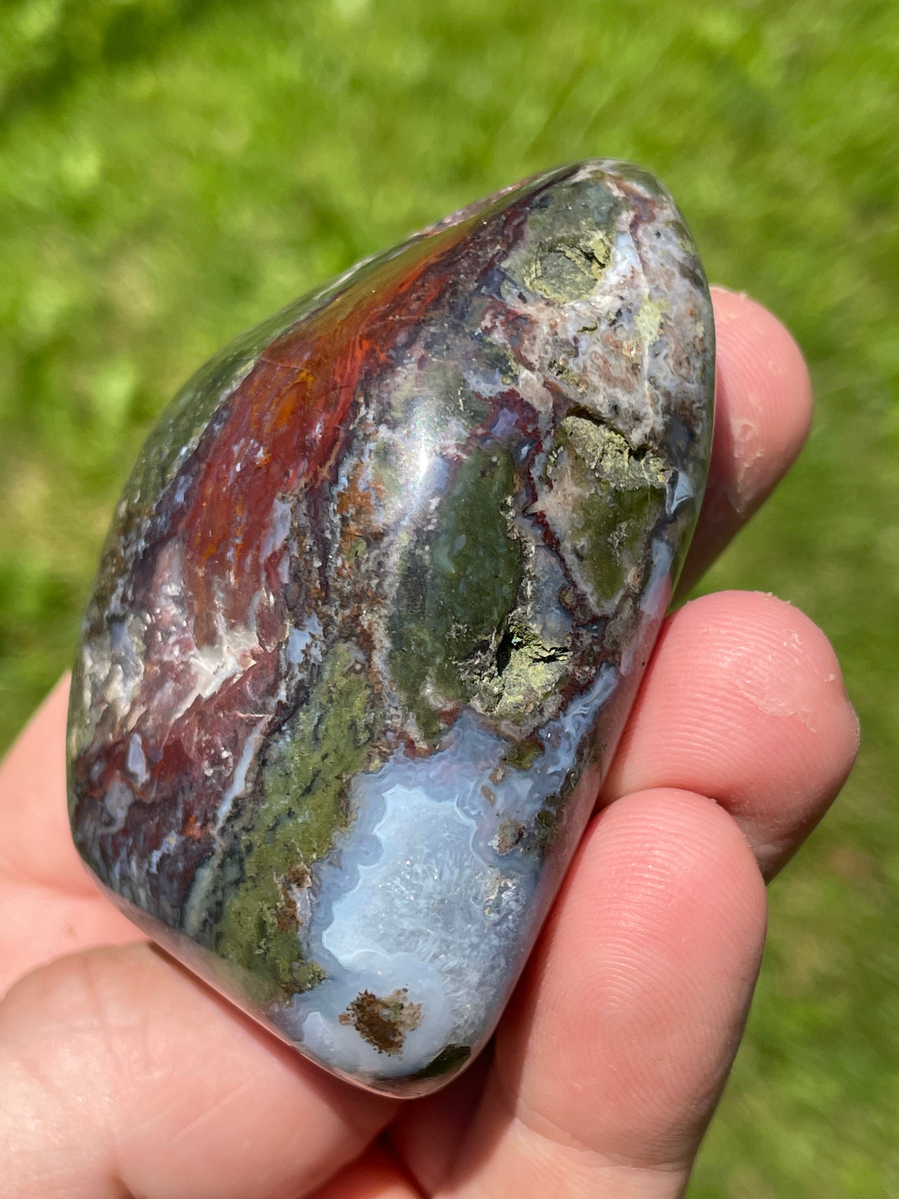 StoneBorn Creations Hand-Polished Green Serpentine & Red Jasper Freeform with Blue Chalcedony Pockets