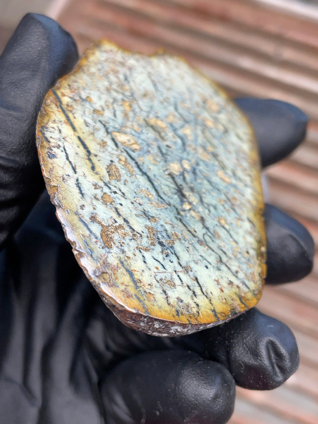 StoneBorn Creations | Polished Vermont Greenstone Slab — Soft Sage + Golden Freckling