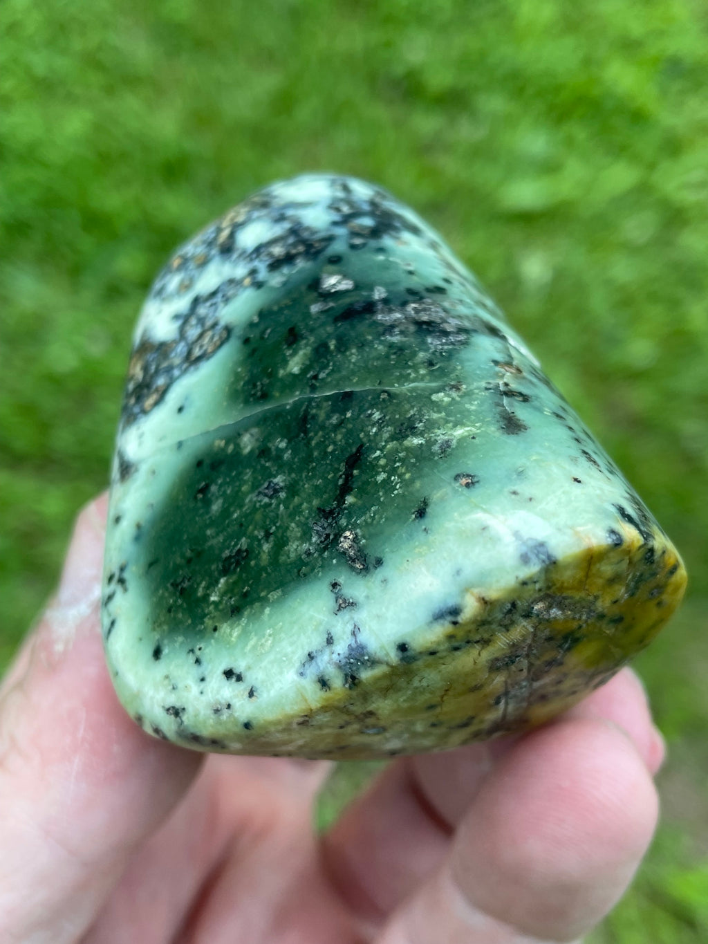 StoneBorn Creations Hand-Polished Green Serpentine Freeform with Deep Forest Green Pocket, Golden Matrix, and Natural Black Mineral Inclusions