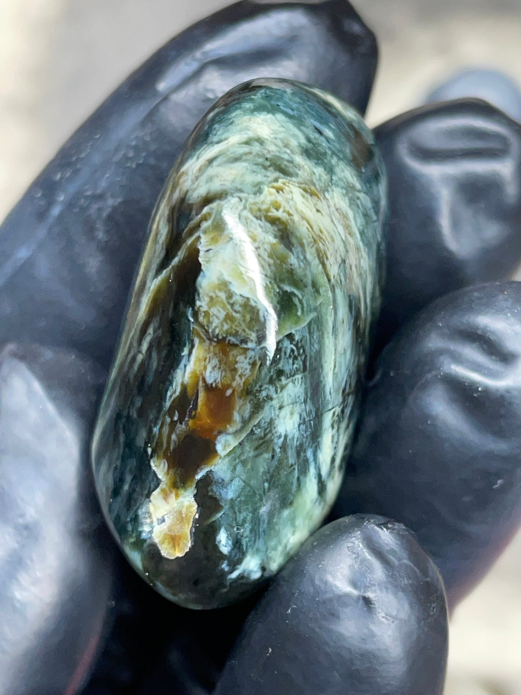 StoneBorn Creations Hand-Polished Vermont Serpentine – Deep Green Natural Patterns – One-of-a-Kind Display Stone