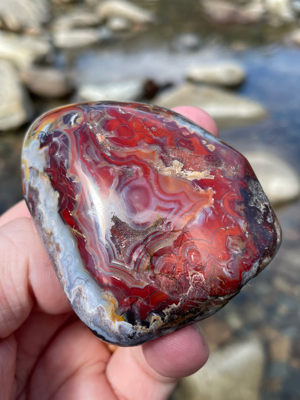 StoneBorn Creations Hand Polished Lace Agate Freeform with Fiery Crimson Banding and Natural Raw Backing