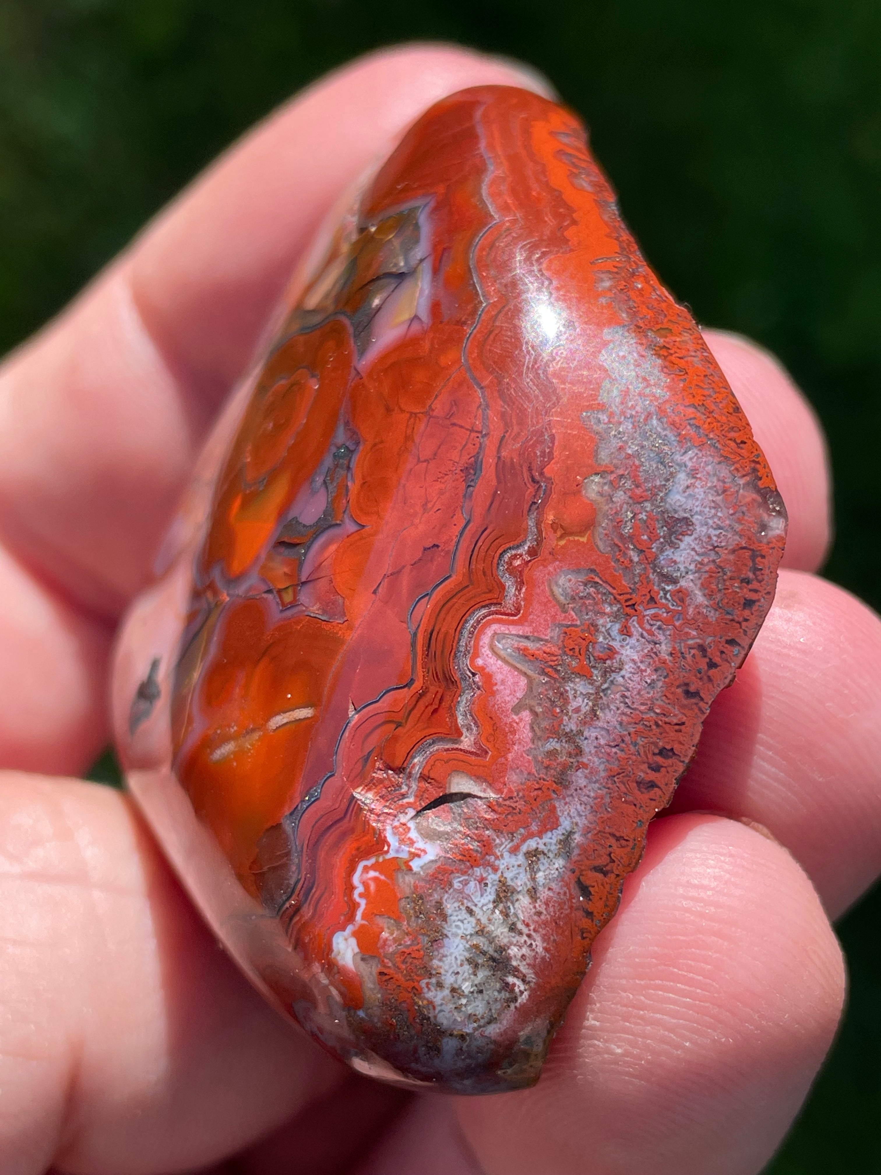 StoneBorn Creations Hand-Polished Lace Agate Freeform with Bold Red Plumes, Fortification Banding & Natural Matrix