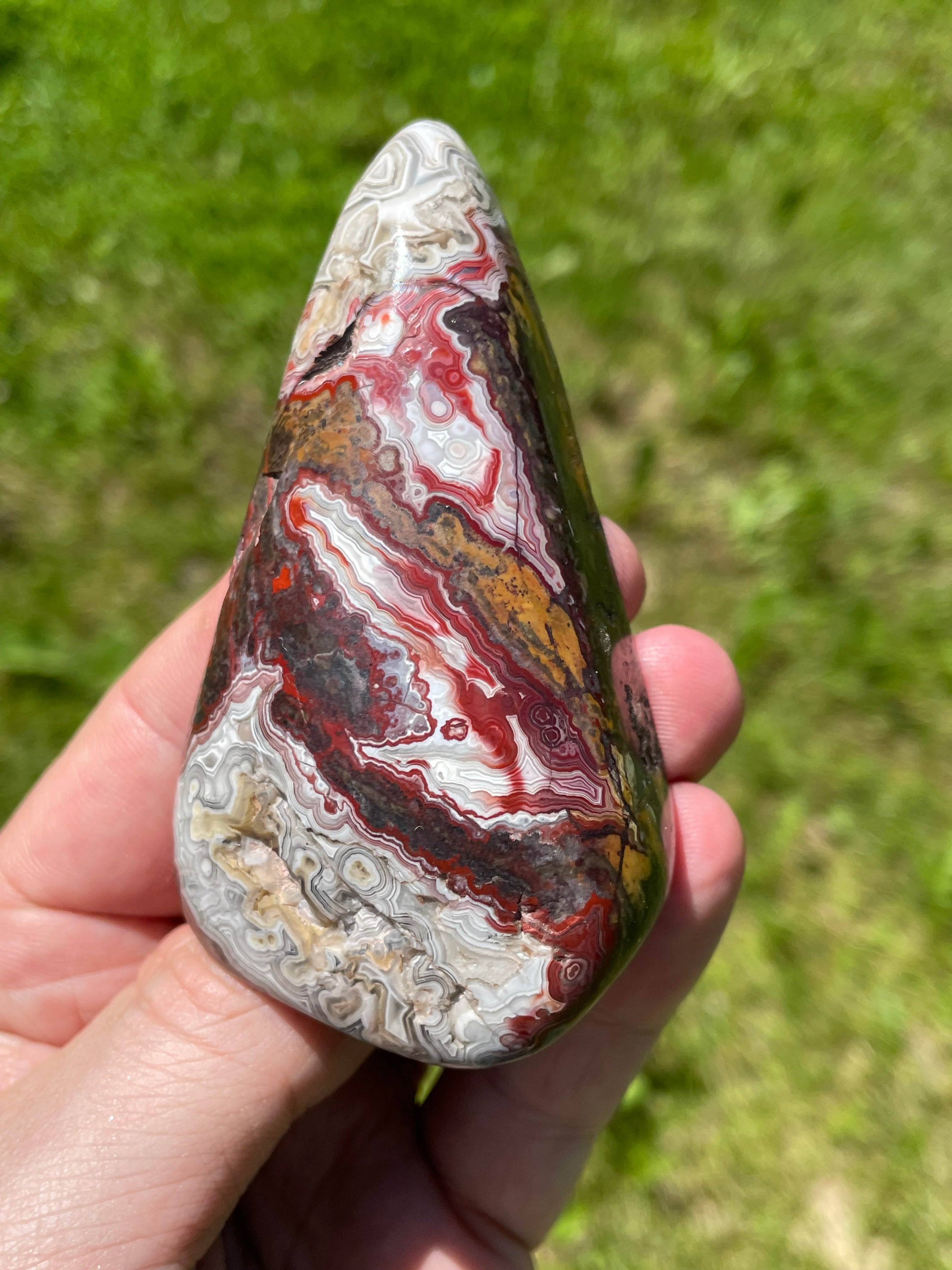 StoneBorn Creations Hand-Polished Lace Agate Freeform with Deep Crimson Banding, Intricate Fortification Patterns, and Natural Druzy Pocket