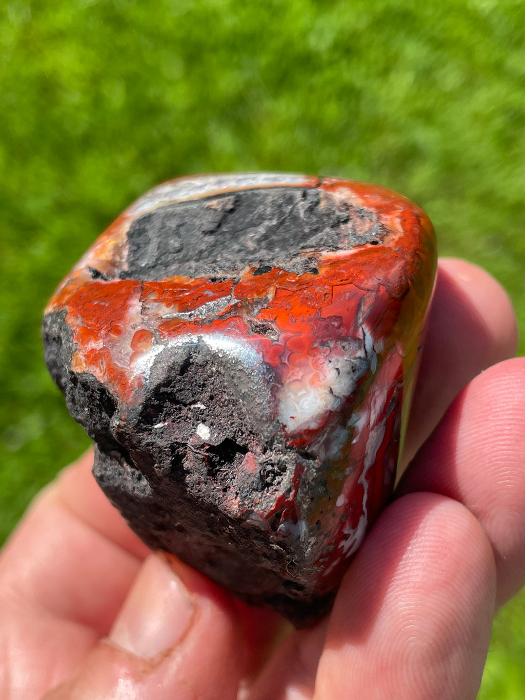 StoneBorn Creations Hand-Polished Lace Agate Freeform with Crimson Fortification Banding, Natural Druzy Pocket, and Preserved Volcanic Matrix