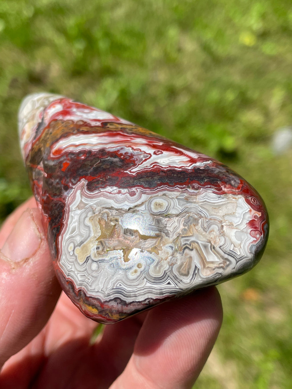 StoneBorn Creations Hand-Polished Lace Agate Freeform with Deep Crimson Banding, Intricate Fortification Patterns, and Natural Druzy Pocket